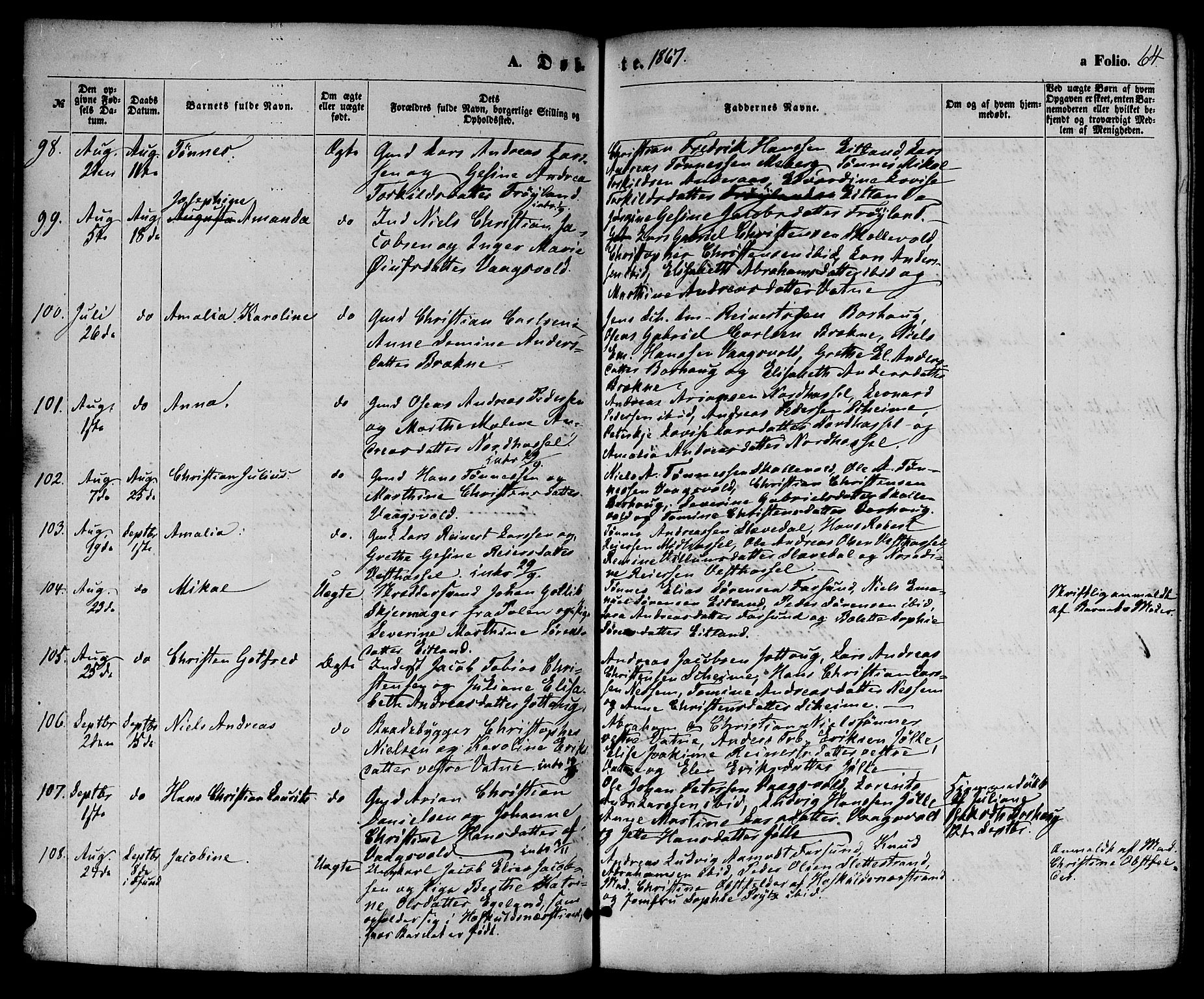 Lista sokneprestkontor, AV/SAK-1111-0027/F/Fb/L0003: Parish register (copy) no. B 3, 1862-1877, p. 64