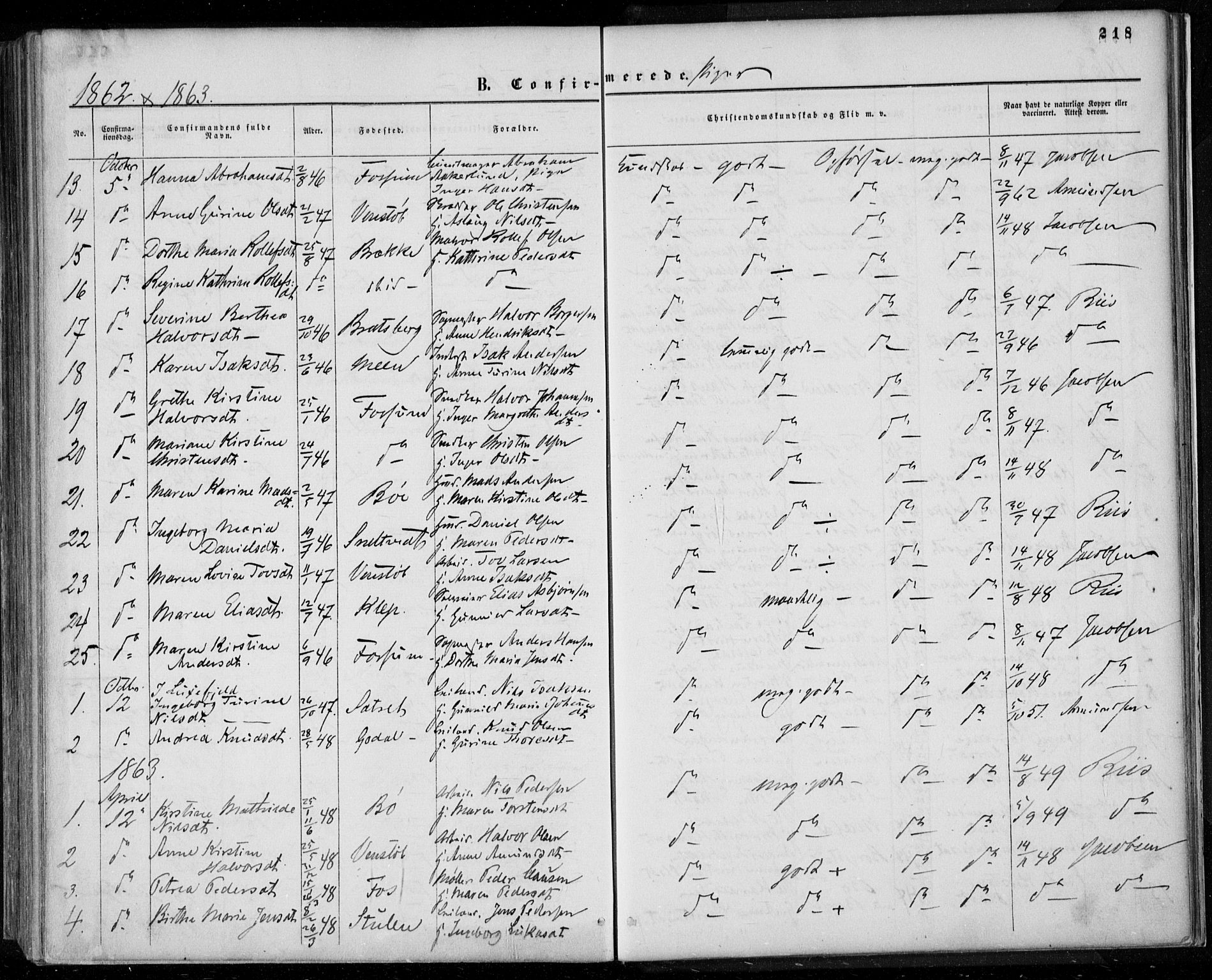 Gjerpen kirkebøker, SAKO/A-265/F/Fa/L0008a: Parish register (official) no. I 8A, 1857-1871, p. 218
