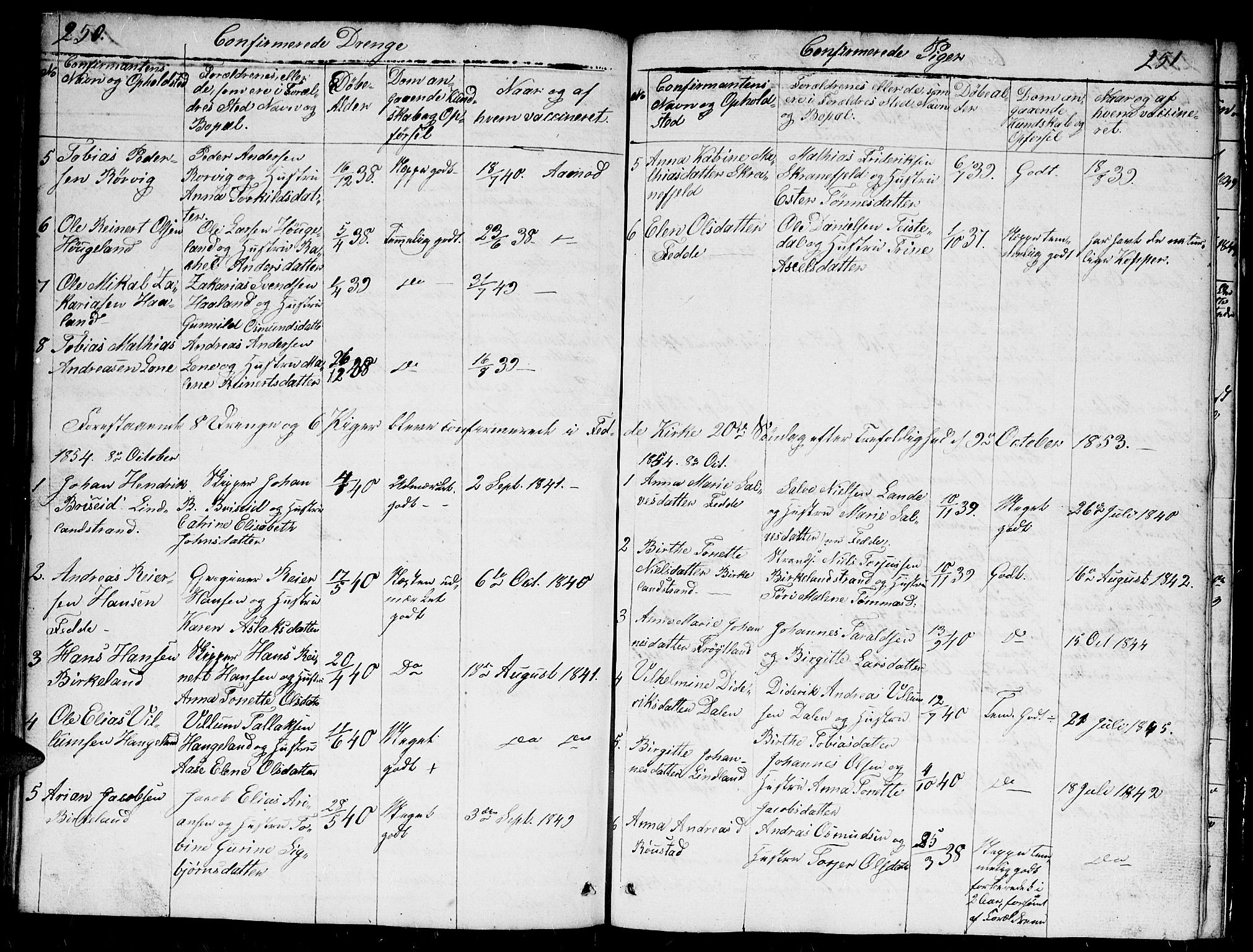 Kvinesdal sokneprestkontor, AV/SAK-1111-0026/F/Fb/Fba/L0002: Parish register (copy) no. B 2, 1838-1858, p. 250-251