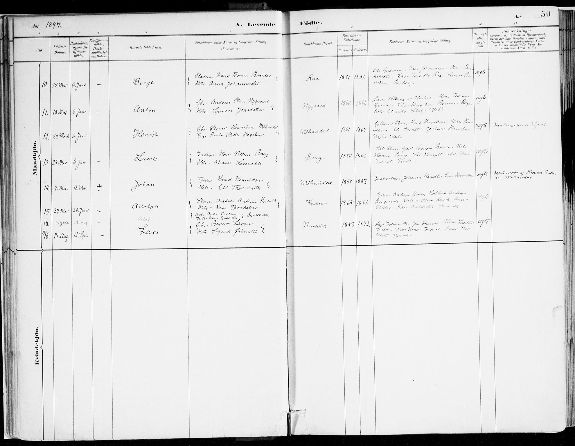 Lavik sokneprestembete, AV/SAB-A-80901: Parish register (official) no. B 1, 1882-1908, p. 50