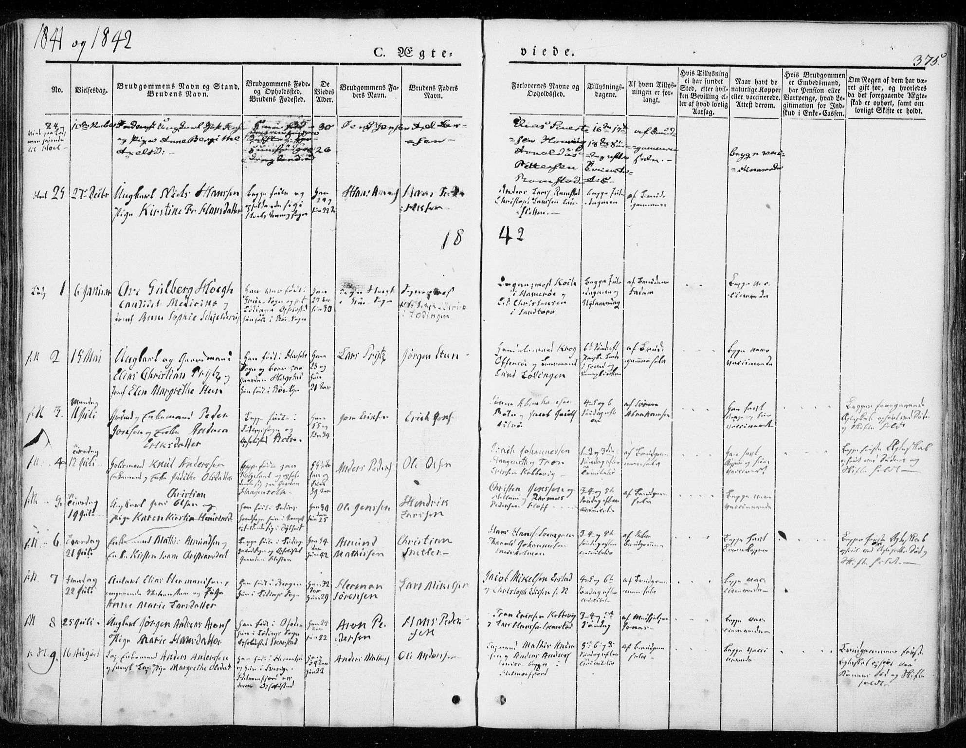 Ministerialprotokoller, klokkerbøker og fødselsregistre - Nordland, AV/SAT-A-1459/872/L1033: Parish register (official) no. 872A08, 1840-1863, p. 375