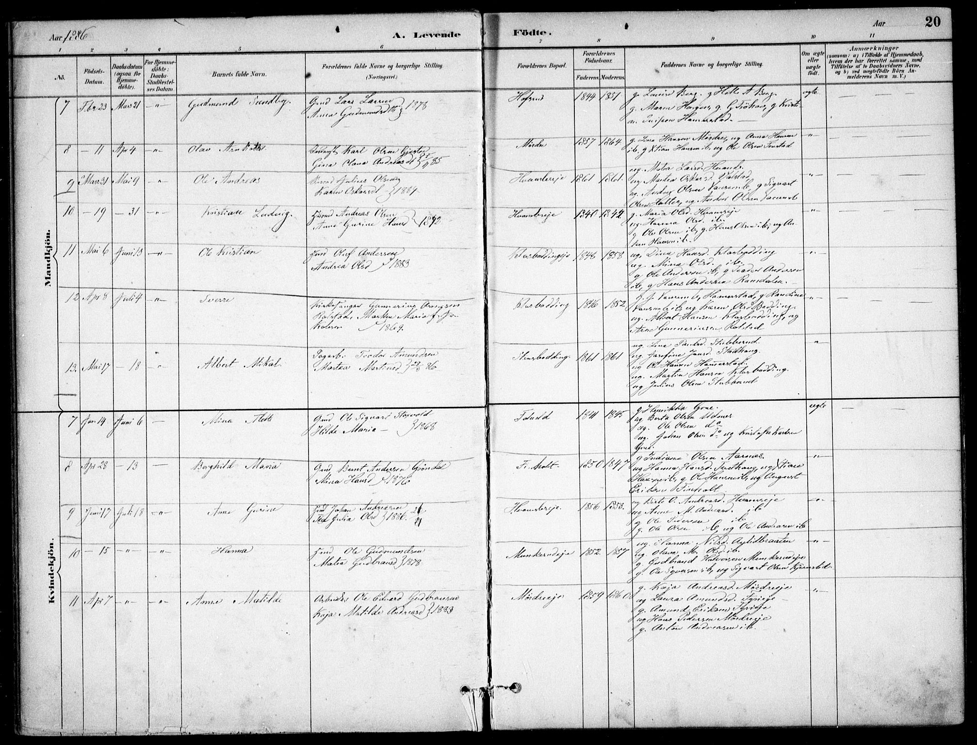 Nes prestekontor Kirkebøker, SAO/A-10410/F/Fc/L0002: Parish register (official) no. IIi 2, 1882-1916, p. 20
