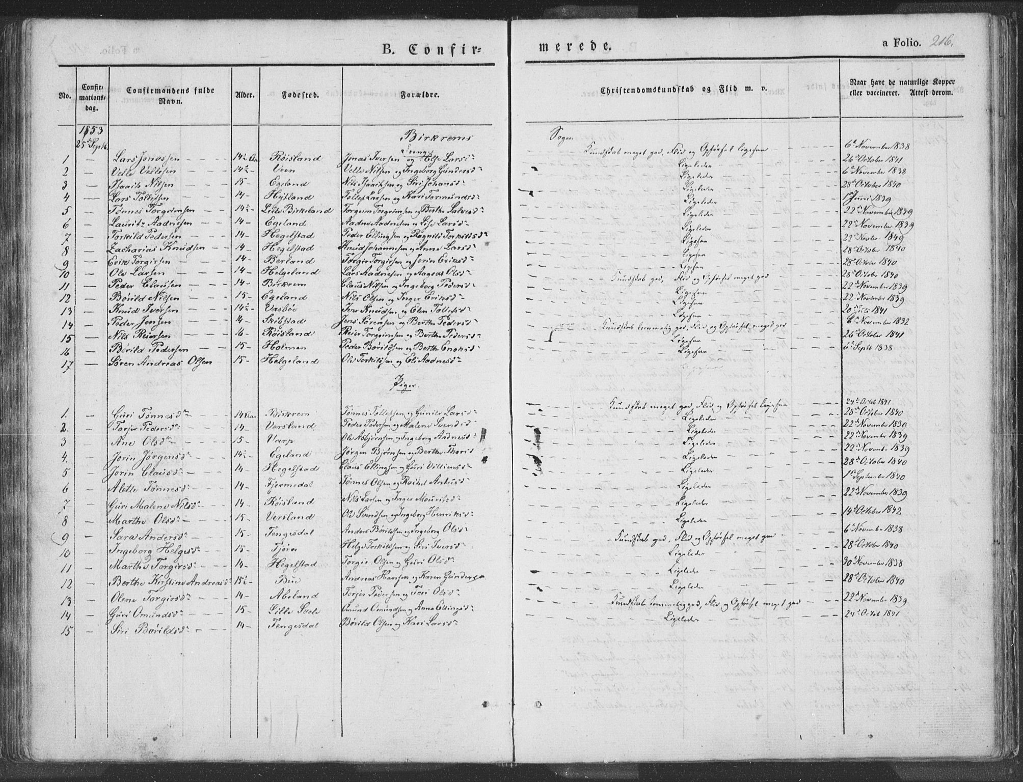 Helleland sokneprestkontor, SAST/A-101810: Parish register (official) no. A 6.1, 1834-1863, p. 216