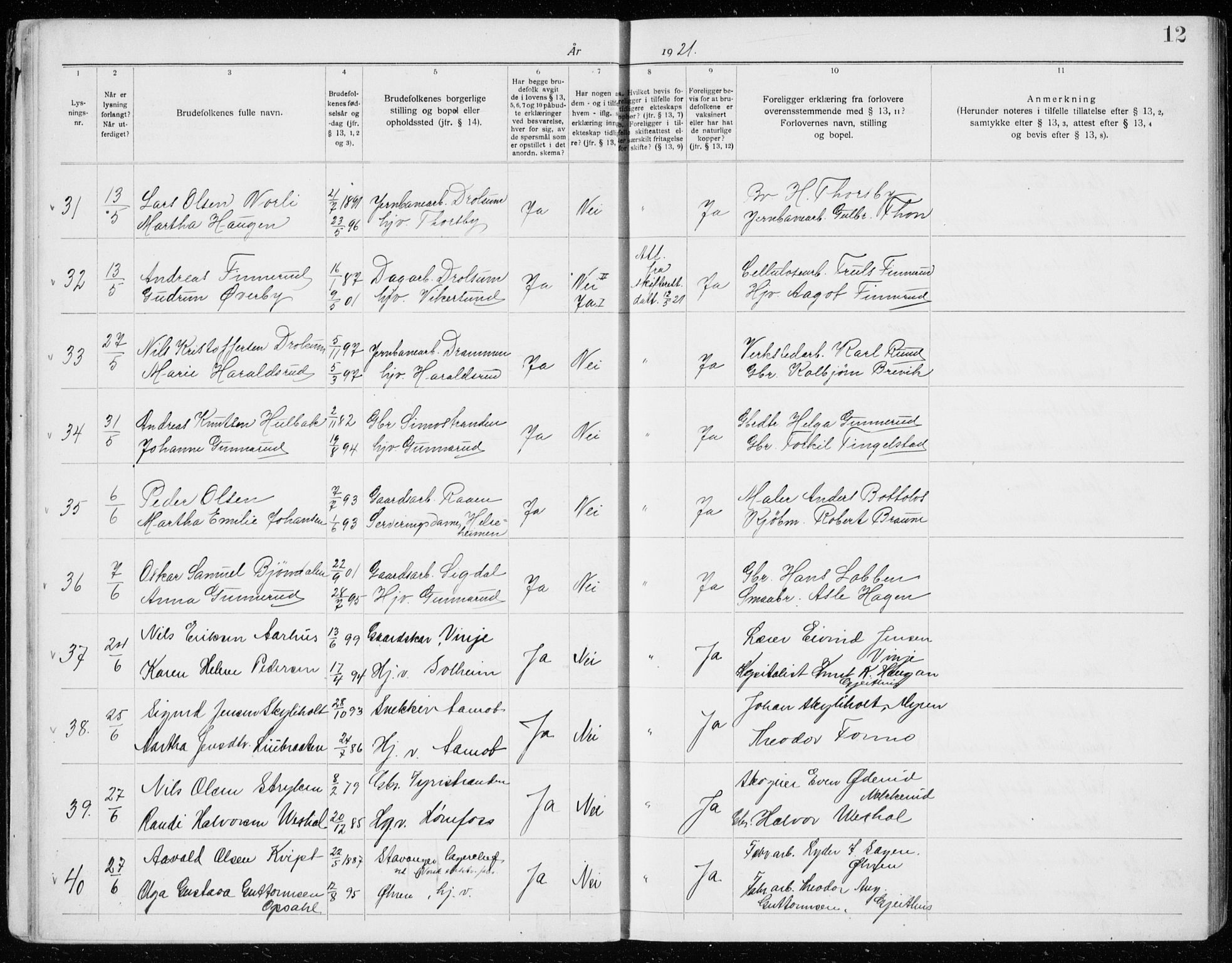 Modum kirkebøker, AV/SAKO-A-234/H/Ha/L0003: Banns register no. I 3, 1920-1934, p. 12