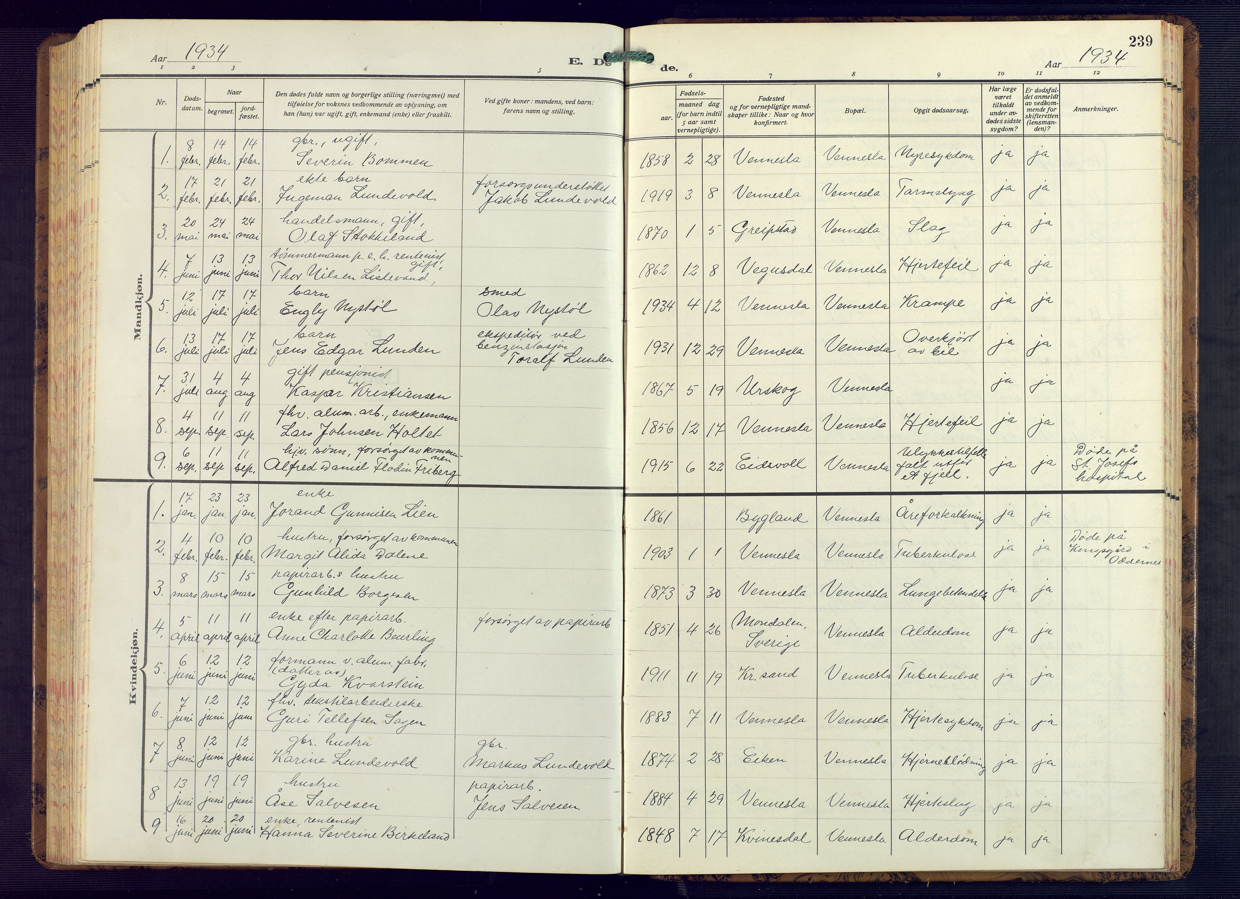 Vennesla sokneprestkontor, AV/SAK-1111-0045/Fb/Fbb/L0008: Parish register (copy) no. B 8, 1934-1947, p. 239