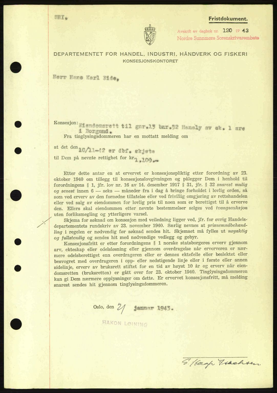 Nordre Sunnmøre sorenskriveri, SAT/A-0006/1/2/2C/2Ca: Mortgage book no. B6-14 a, 1942-1945, Diary no: : 120/1943