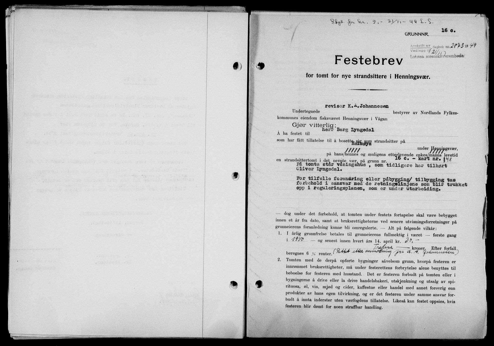 Lofoten sorenskriveri, SAT/A-0017/1/2/2C/L0022a: Mortgage book no. 22a, 1949-1950, Diary no: : 2873/1949
