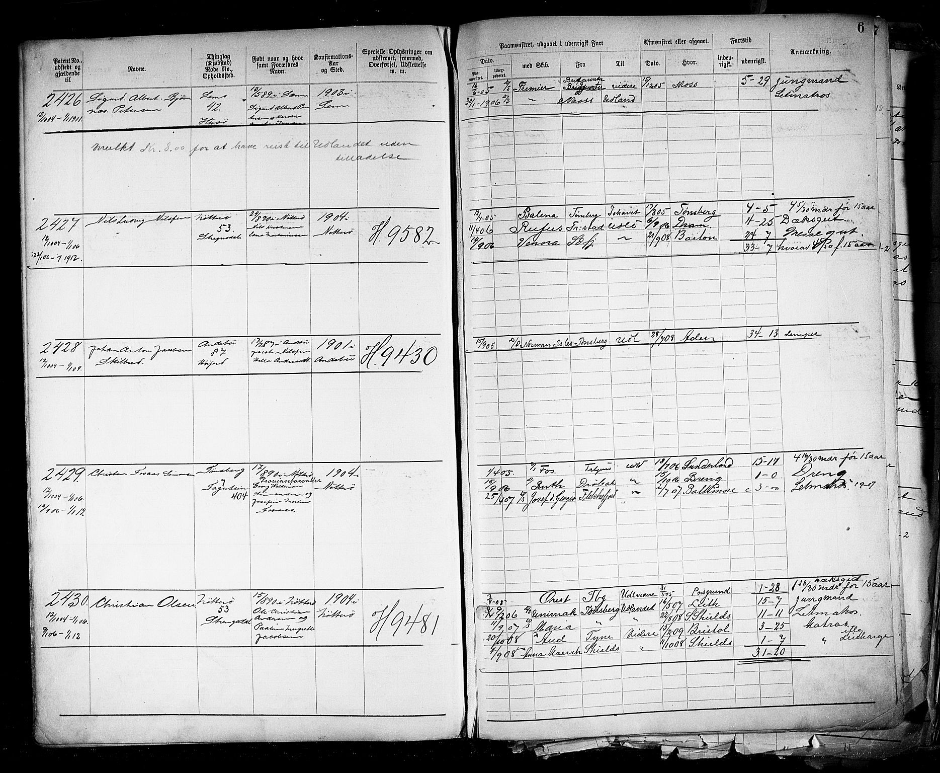 Tønsberg innrulleringskontor, AV/SAKO-A-786/F/Fb/L0005: Annotasjonsrulle Patent nr. 2401-4080, 1904-1910, p. 9