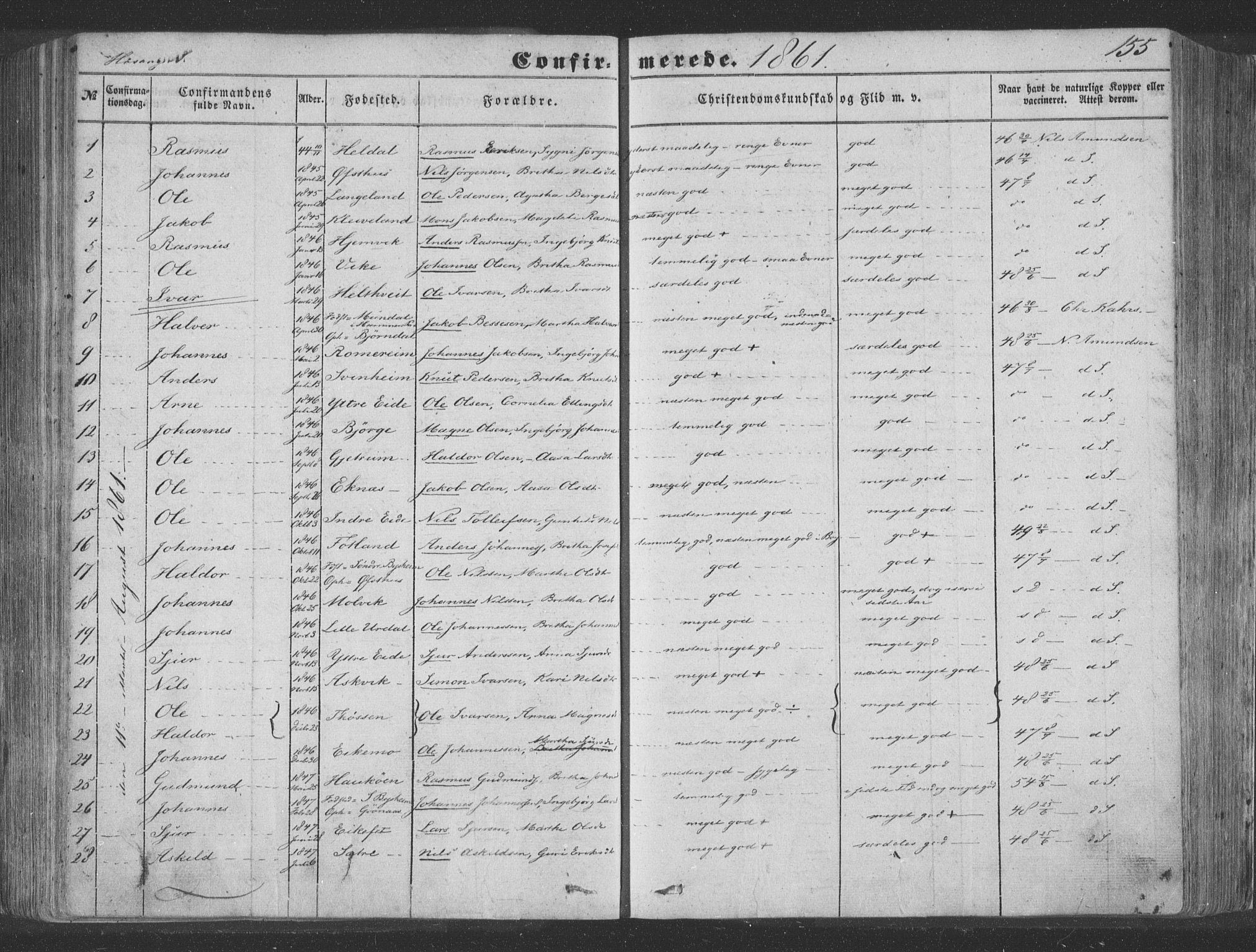 Hosanger sokneprestembete, SAB/A-75801/H/Haa: Parish register (official) no. A 8, 1849-1863, p. 155