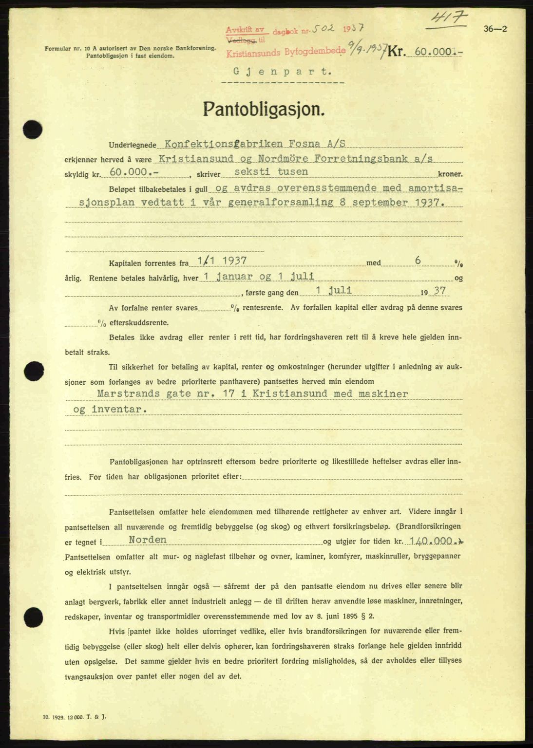 Kristiansund byfogd, AV/SAT-A-4587/A/27: Mortgage book no. 29, 1936-1937, Diary no: : 502/1937