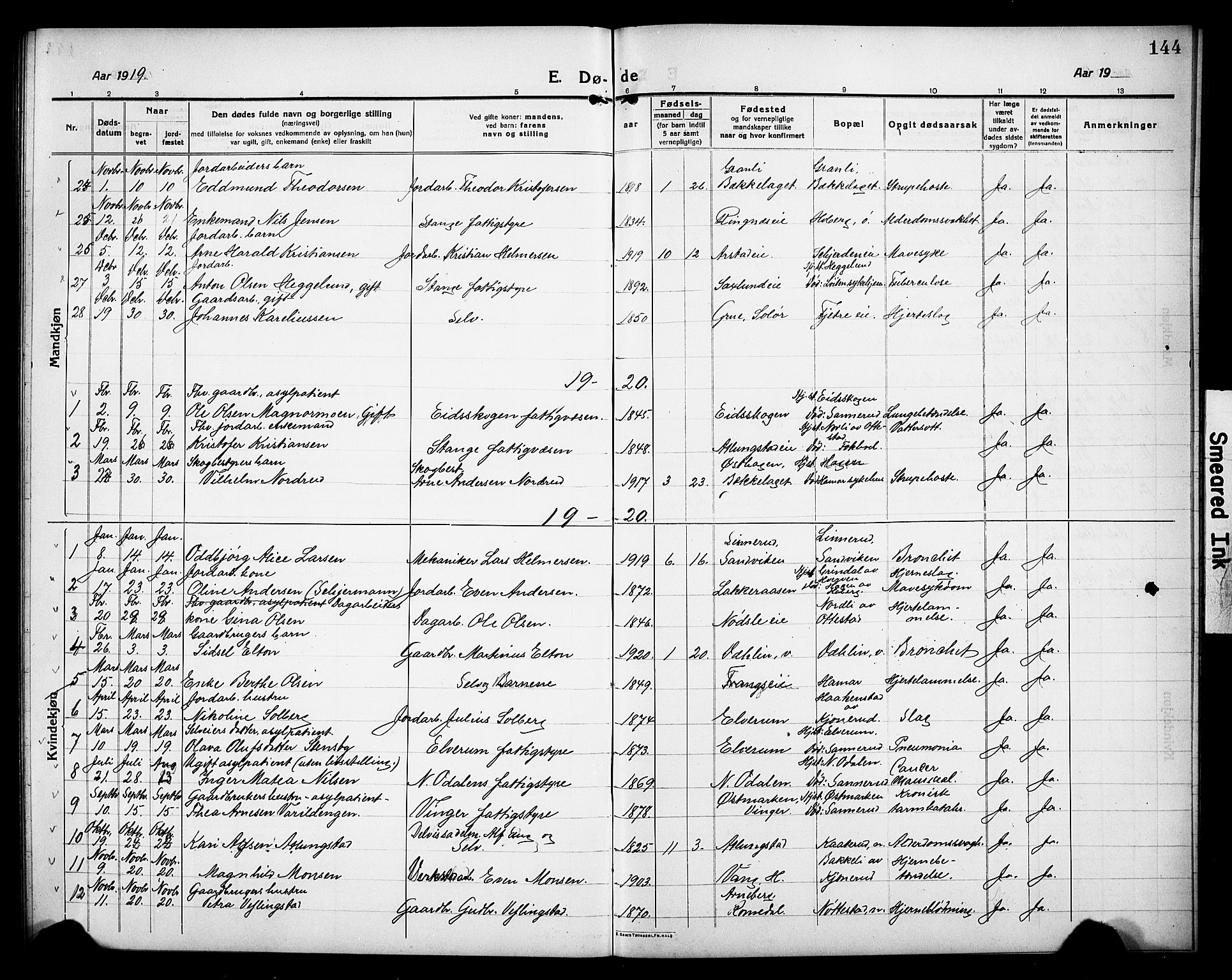 Stange prestekontor, AV/SAH-PREST-002/L/L0015: Parish register (copy) no. 15, 1916-1928, p. 144