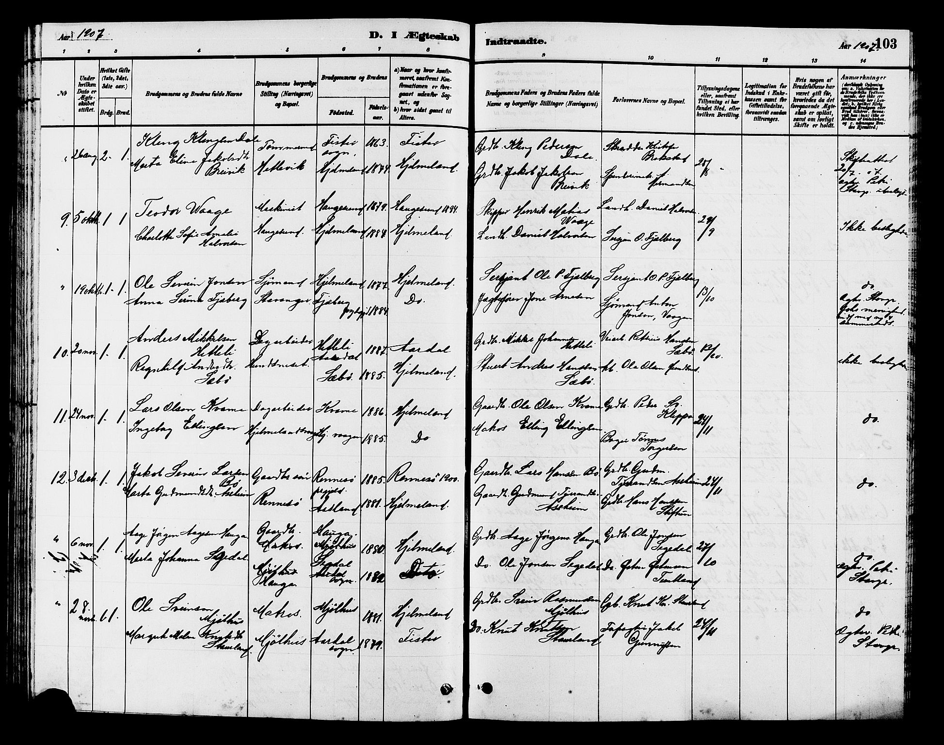 Hjelmeland sokneprestkontor, SAST/A-101843/01/V/L0007: Parish register (copy) no. B 7, 1880-1909, p. 103