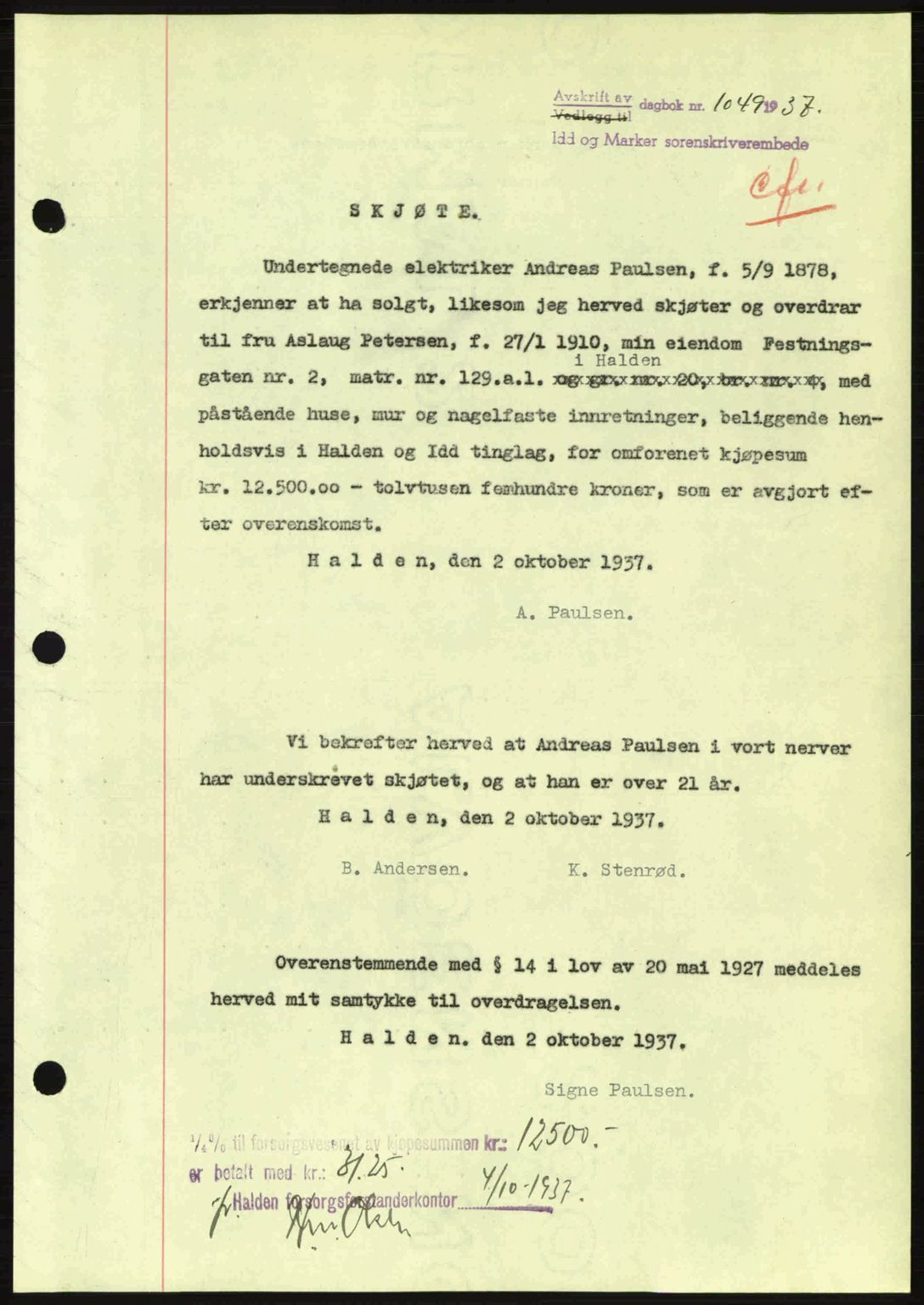 Idd og Marker sorenskriveri, AV/SAO-A-10283/G/Gb/Gbb/L0002: Mortgage book no. A2, 1937-1938, Diary no: : 1049/1937