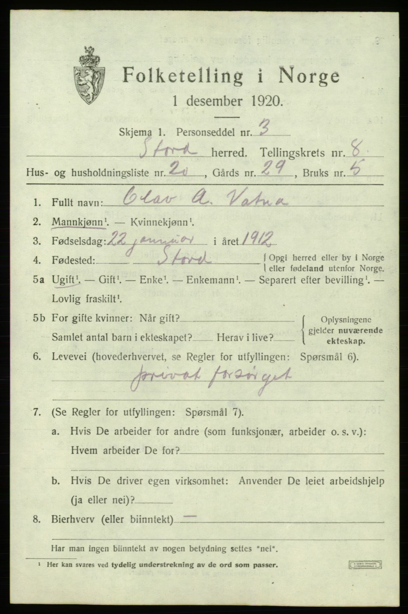 SAB, 1920 census for Stord, 1920, p. 4701