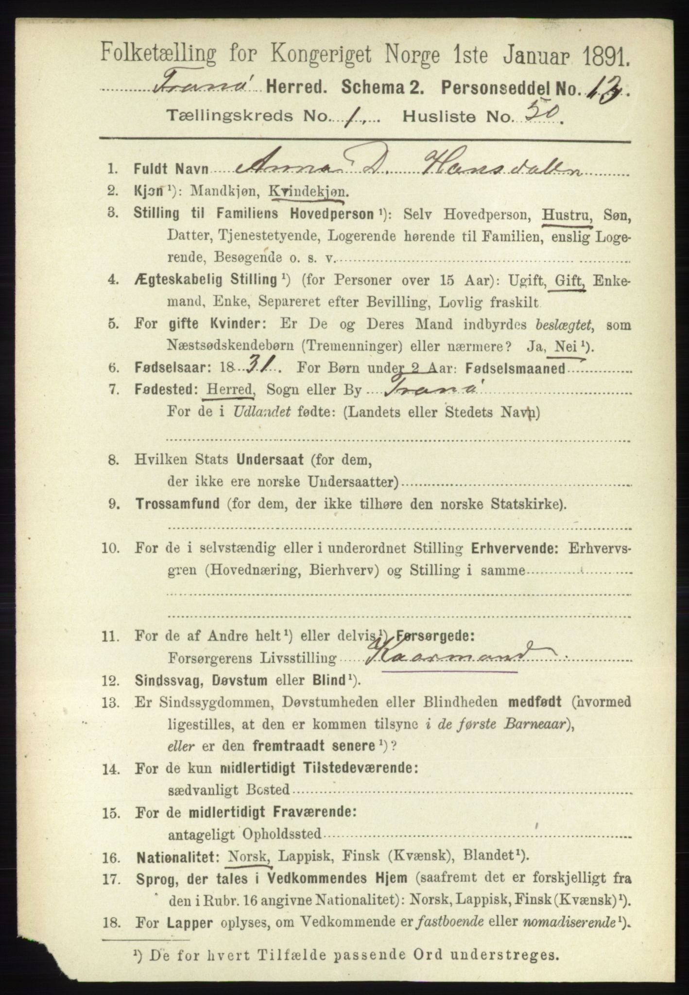 RA, 1891 census for 1927 Tranøy, 1891, p. 429