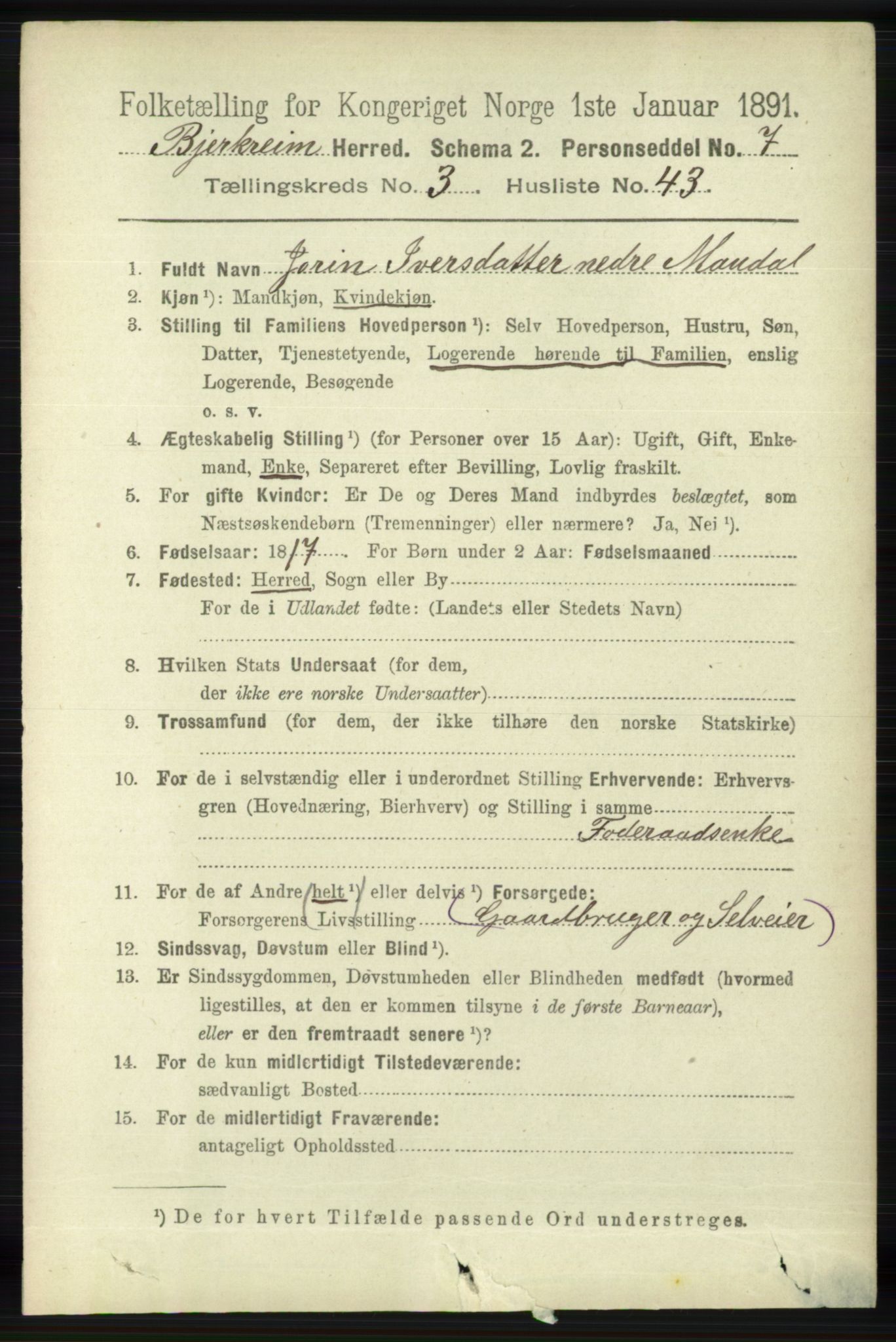 RA, 1891 census for 1114 Bjerkreim, 1891, p. 1159