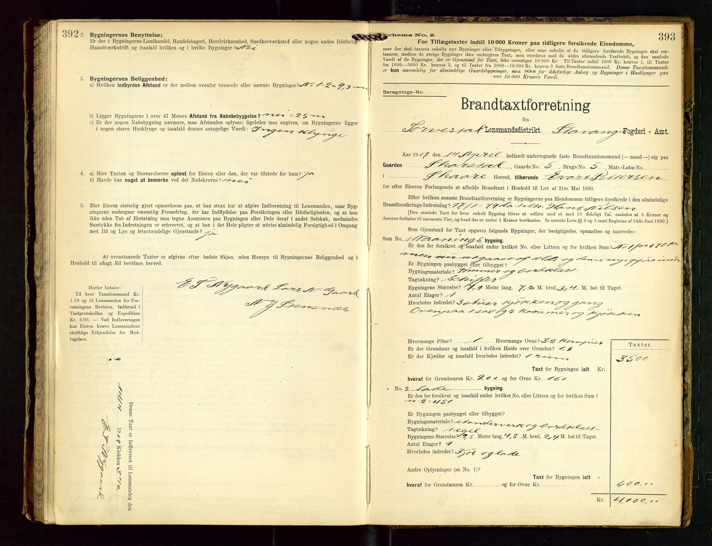 Torvestad lensmannskontor, SAST/A-100307/1/Gob/L0003: "Brandtaxationsprotokol for Torvestad Lensmannsdistrikt", 1905-1909, p. 392-393