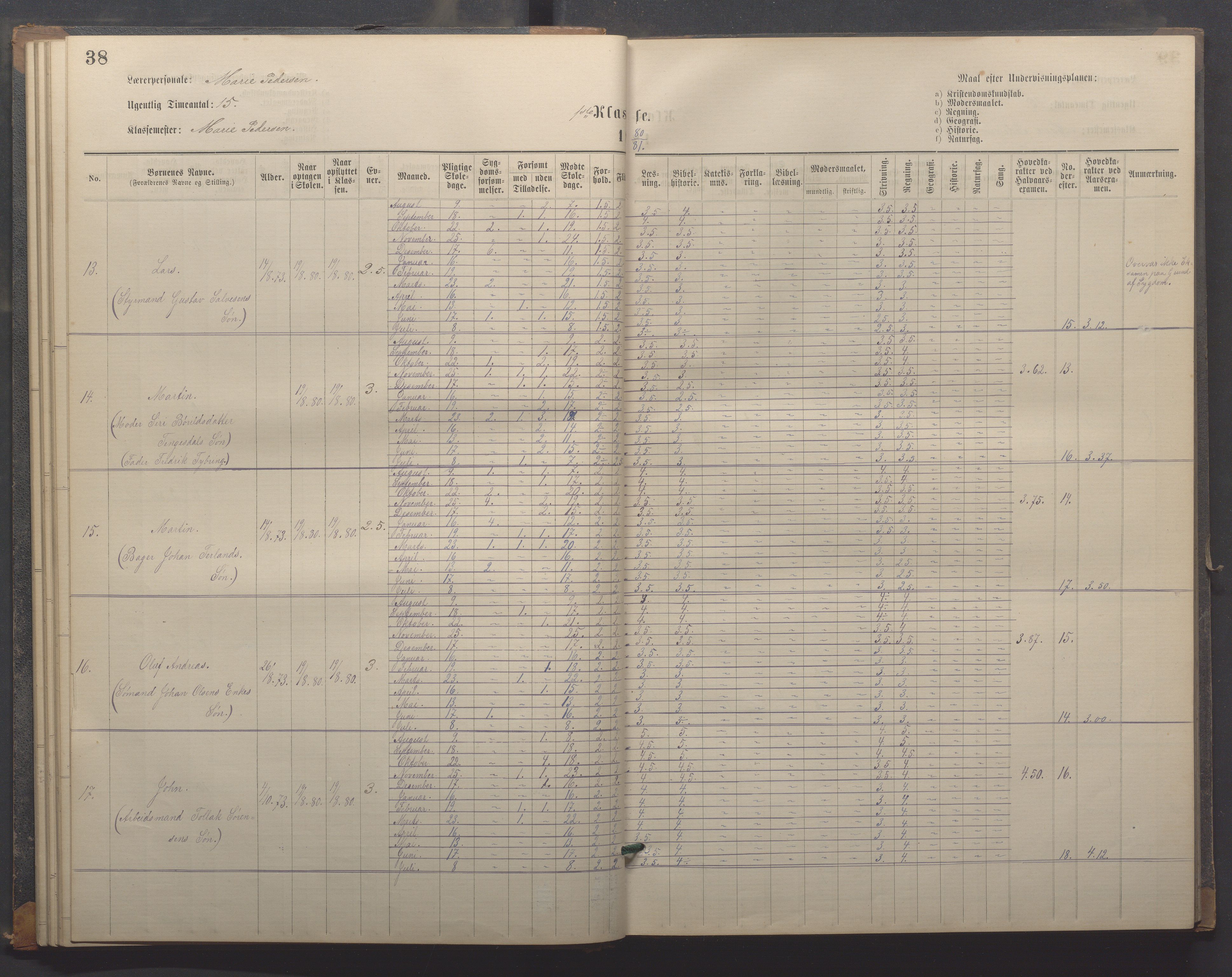 Egersund kommune (Ladested) - Egersund almueskole/folkeskole, IKAR/K-100521/H/L0018: Skoleprotokoll - Almueskolen, småbarnklasse, 1878-1889, p. 38