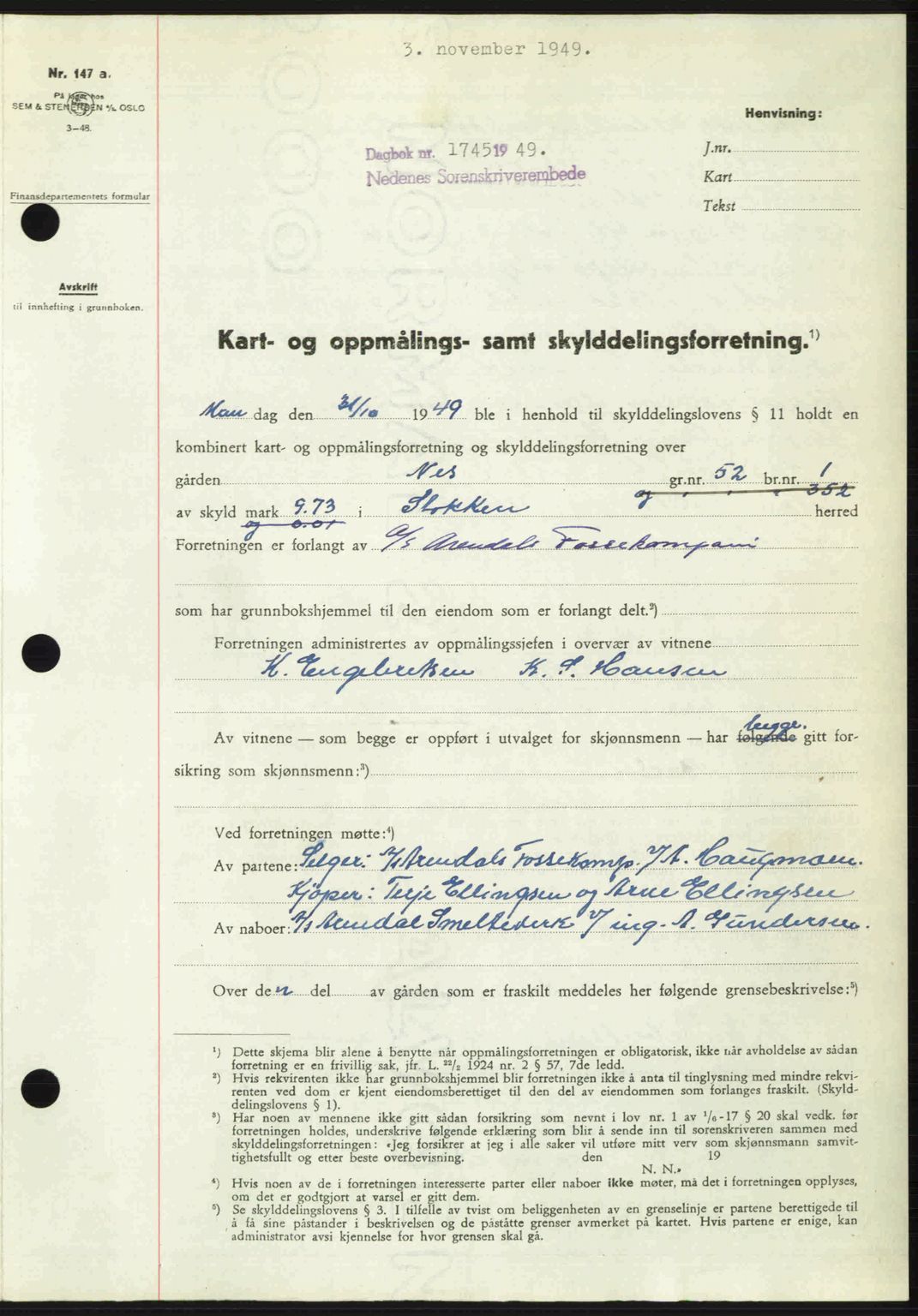 Nedenes sorenskriveri, AV/SAK-1221-0006/G/Gb/Gba/L0061: Mortgage book no. A13, 1949-1949, Diary no: : 1745/1949