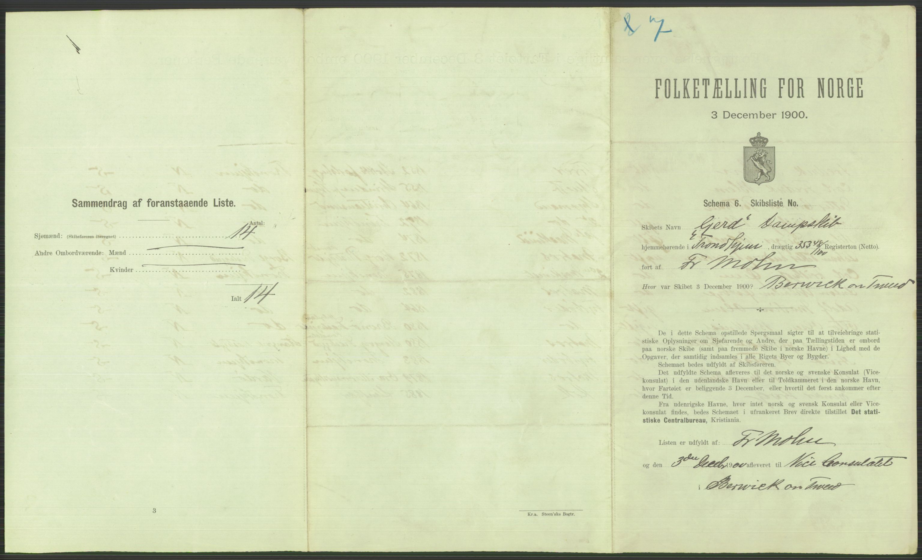 RA, 1900 Census - ship lists from ships in Norwegian harbours, harbours abroad and at sea, 1900, p. 3757