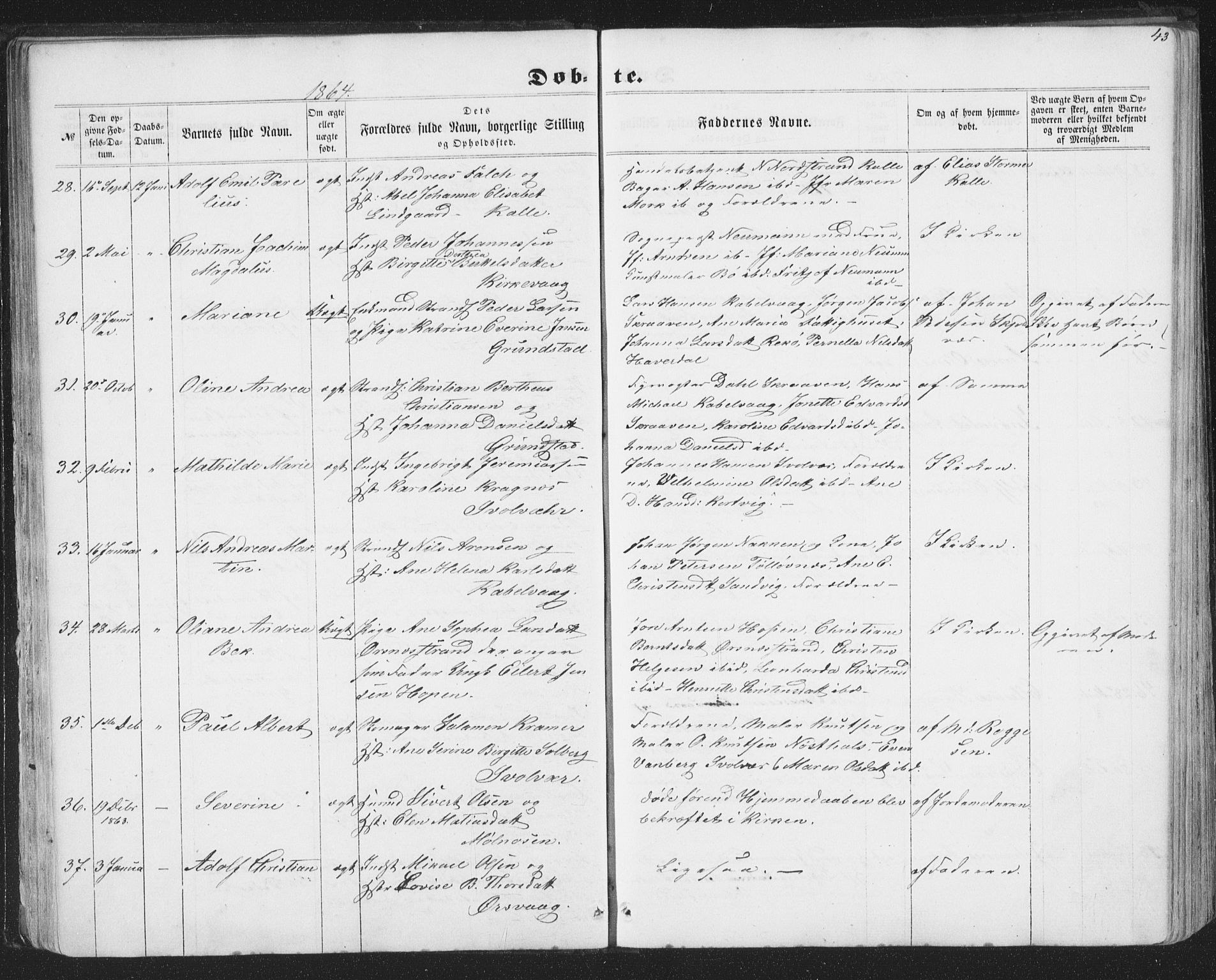 Ministerialprotokoller, klokkerbøker og fødselsregistre - Nordland, AV/SAT-A-1459/874/L1073: Parish register (copy) no. 874C02, 1860-1870, p. 43