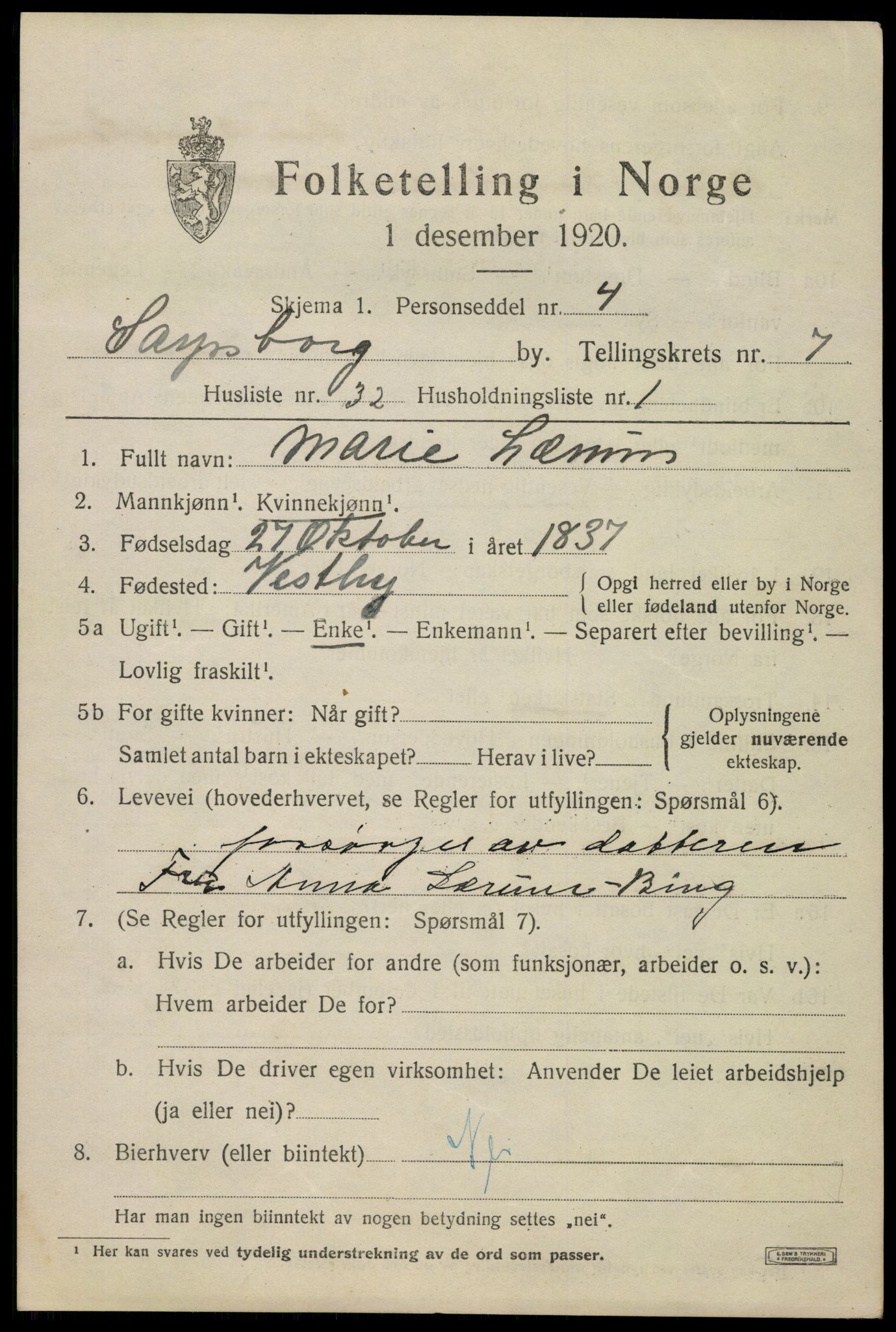 SAO, 1920 census for Sarpsborg, 1920, p. 16548