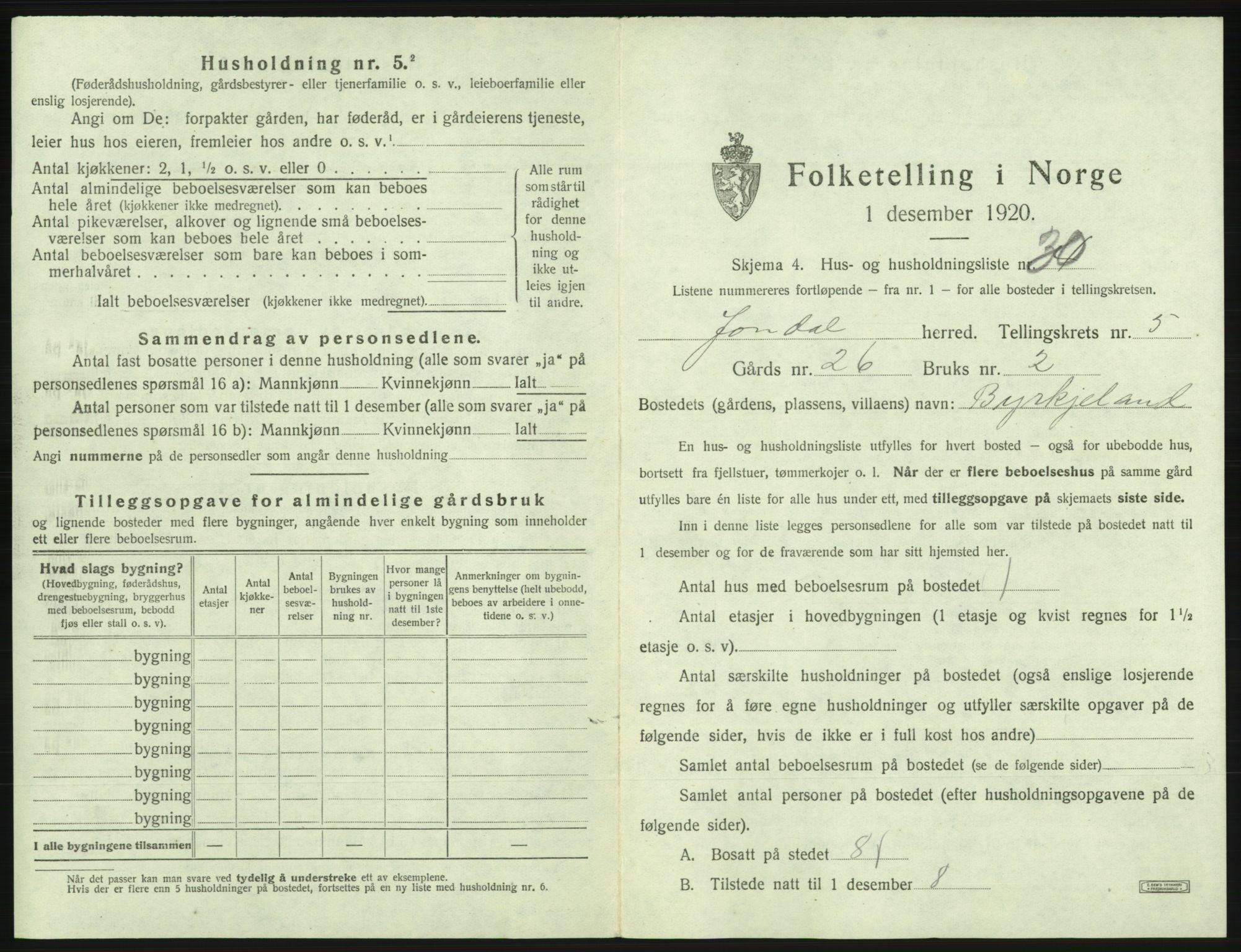 SAB, 1920 census for Jondal, 1920, p. 407