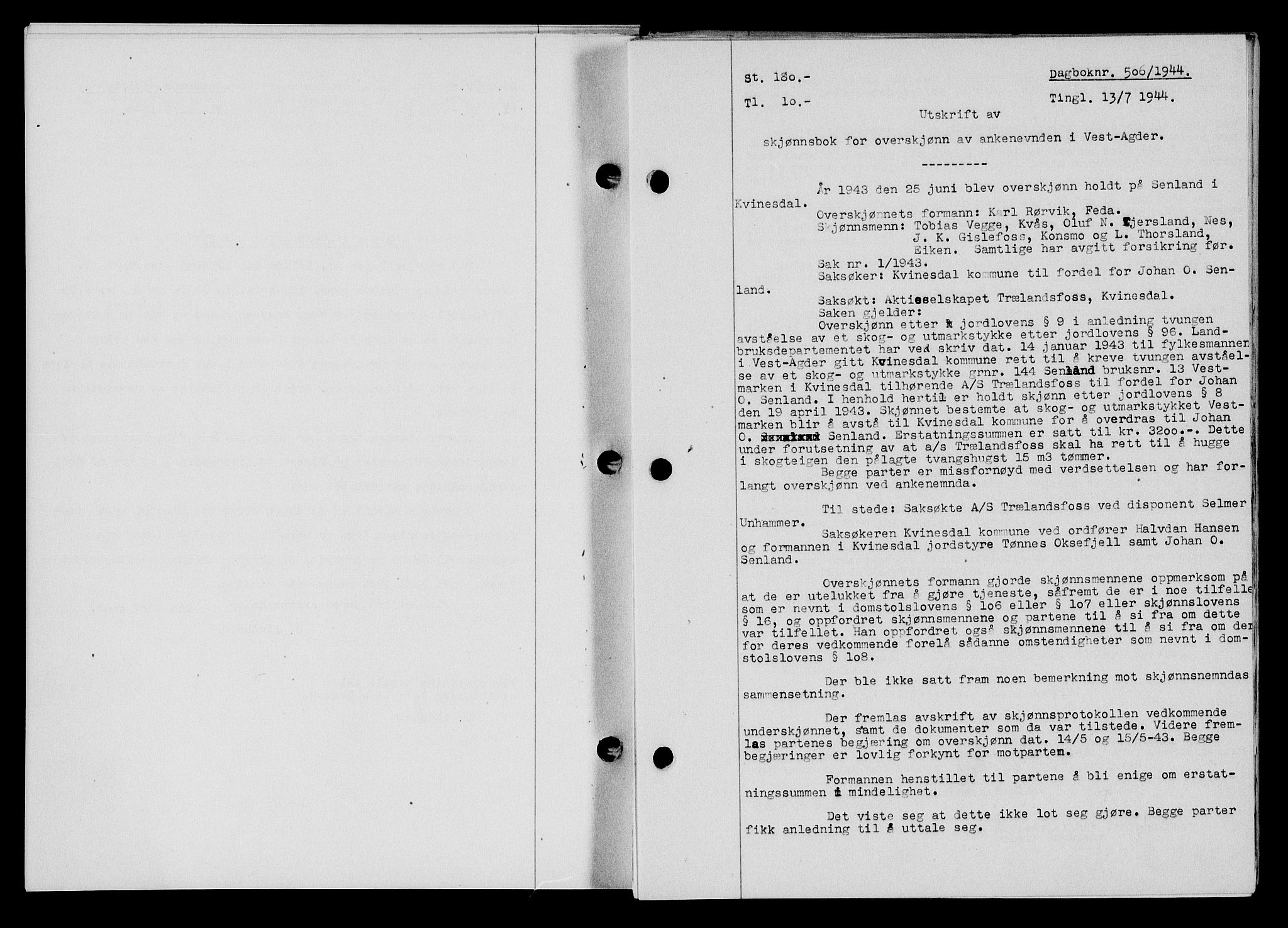 Flekkefjord sorenskriveri, SAK/1221-0001/G/Gb/Gba/L0059: Mortgage book no. A-7, 1944-1945, Diary no: : 506/1944