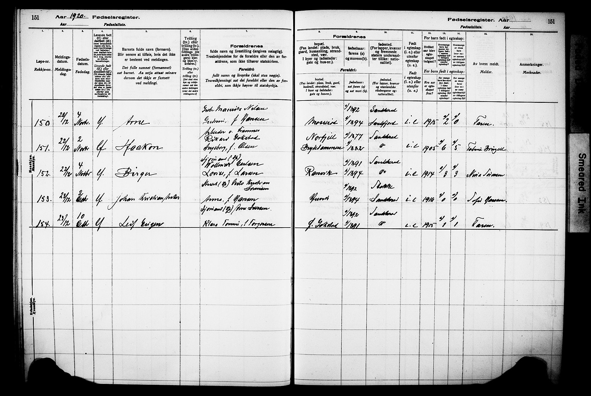 Sandar kirkebøker, AV/SAKO-A-243/J/Ja/L0001: Birth register no. 1, 1916-1922, p. 151