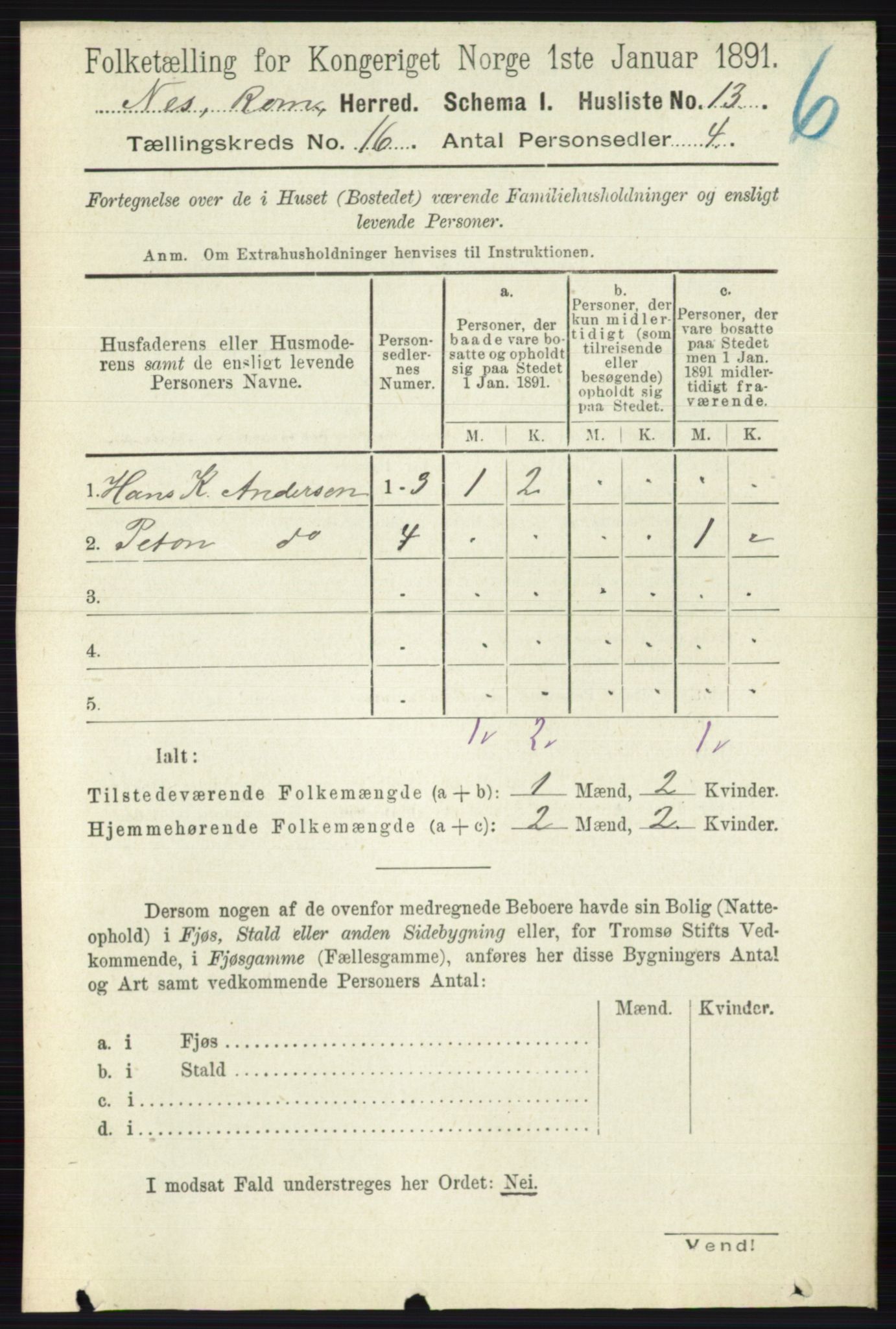 RA, 1891 census for 0236 Nes, 1891, p. 9511