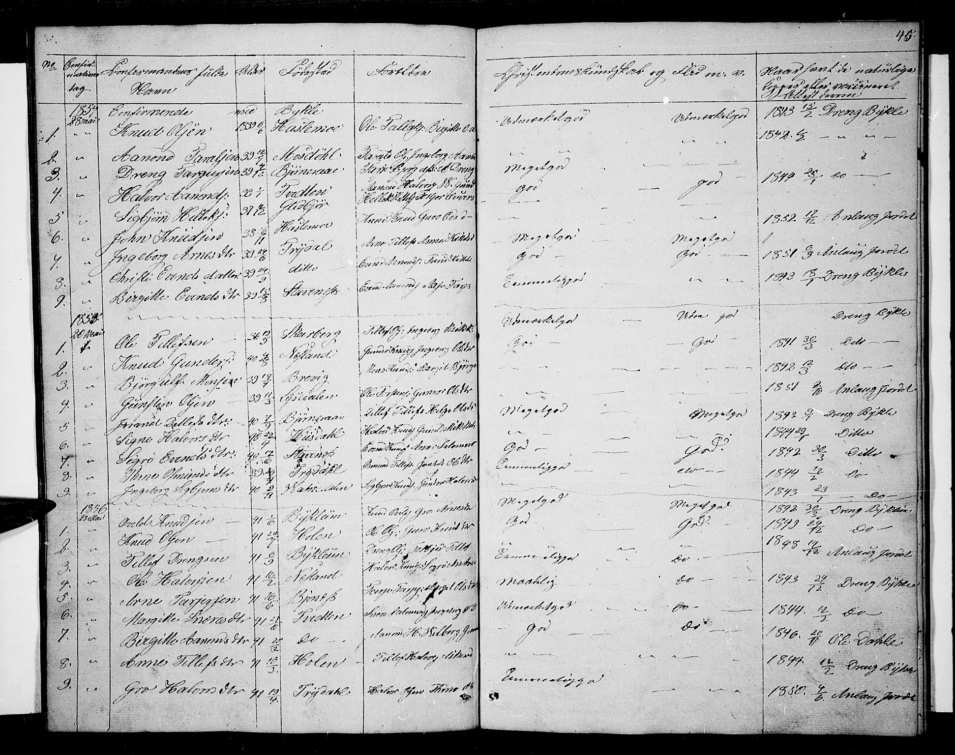 Valle sokneprestkontor, SAK/1111-0044/F/Fb/Fba/L0001: Parish register (copy) no. B 1, 1851-1882, p. 45