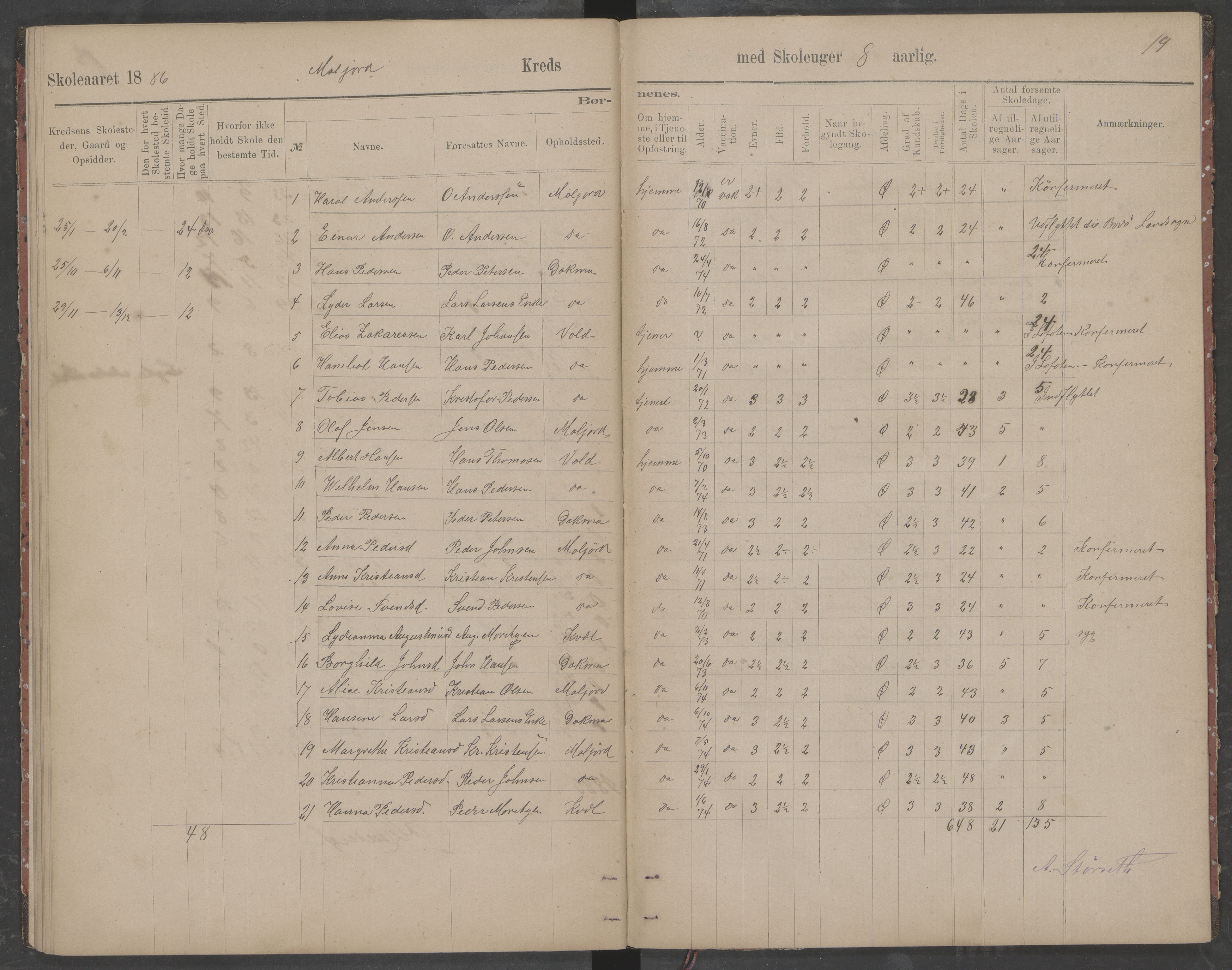 Beiarn kommune. Moldjord skolekrets, AIN/K-18390.510.14/442/L0002: Karakter/oversiktsprotokoll, 1880-1890, p. 19