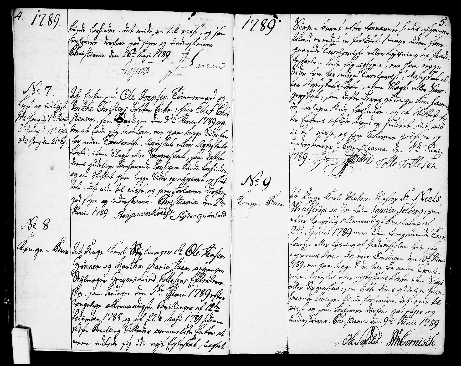 Oslo domkirke Kirkebøker, AV/SAO-A-10752/L/La/L0010: Best man's statements no. 10, 1789-1807, p. 4-5