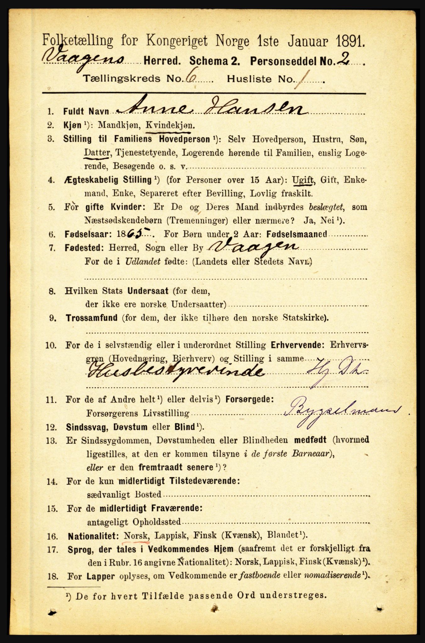 RA, 1891 census for 1865 Vågan, 1891, p. 1704