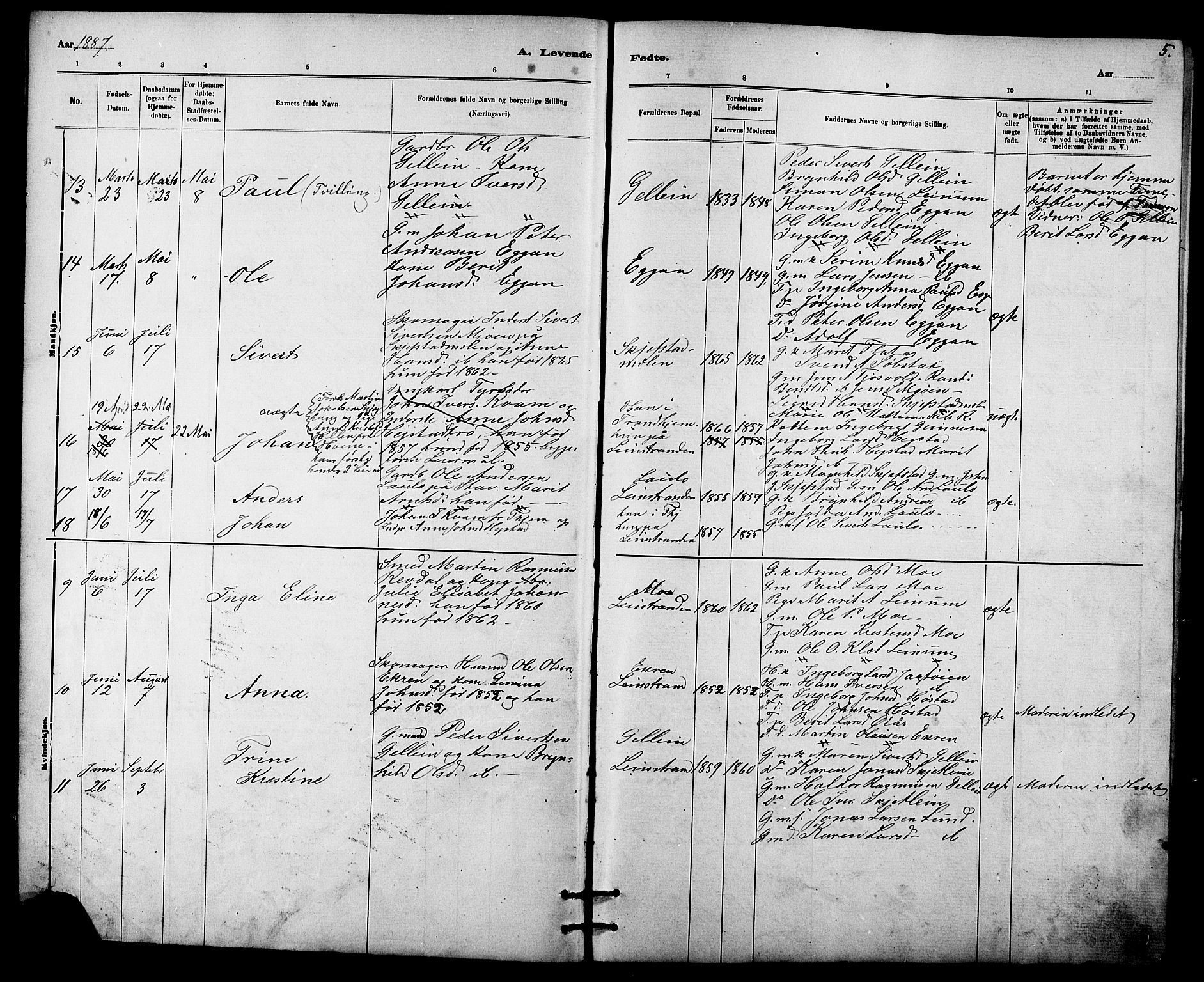 Ministerialprotokoller, klokkerbøker og fødselsregistre - Sør-Trøndelag, SAT/A-1456/613/L0395: Parish register (copy) no. 613C03, 1887-1909, p. 5