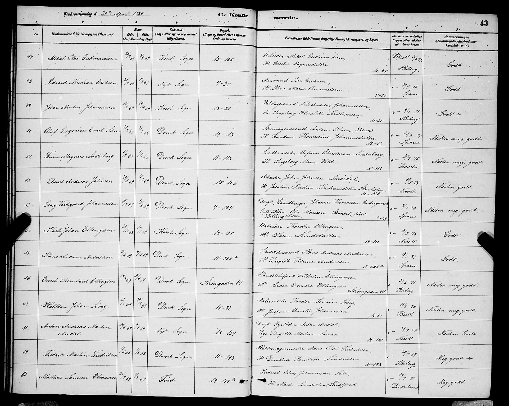 Domkirken sokneprestembete, AV/SAB-A-74801/H/Hab/L0024: Parish register (copy) no. C 4, 1880-1899, p. 43