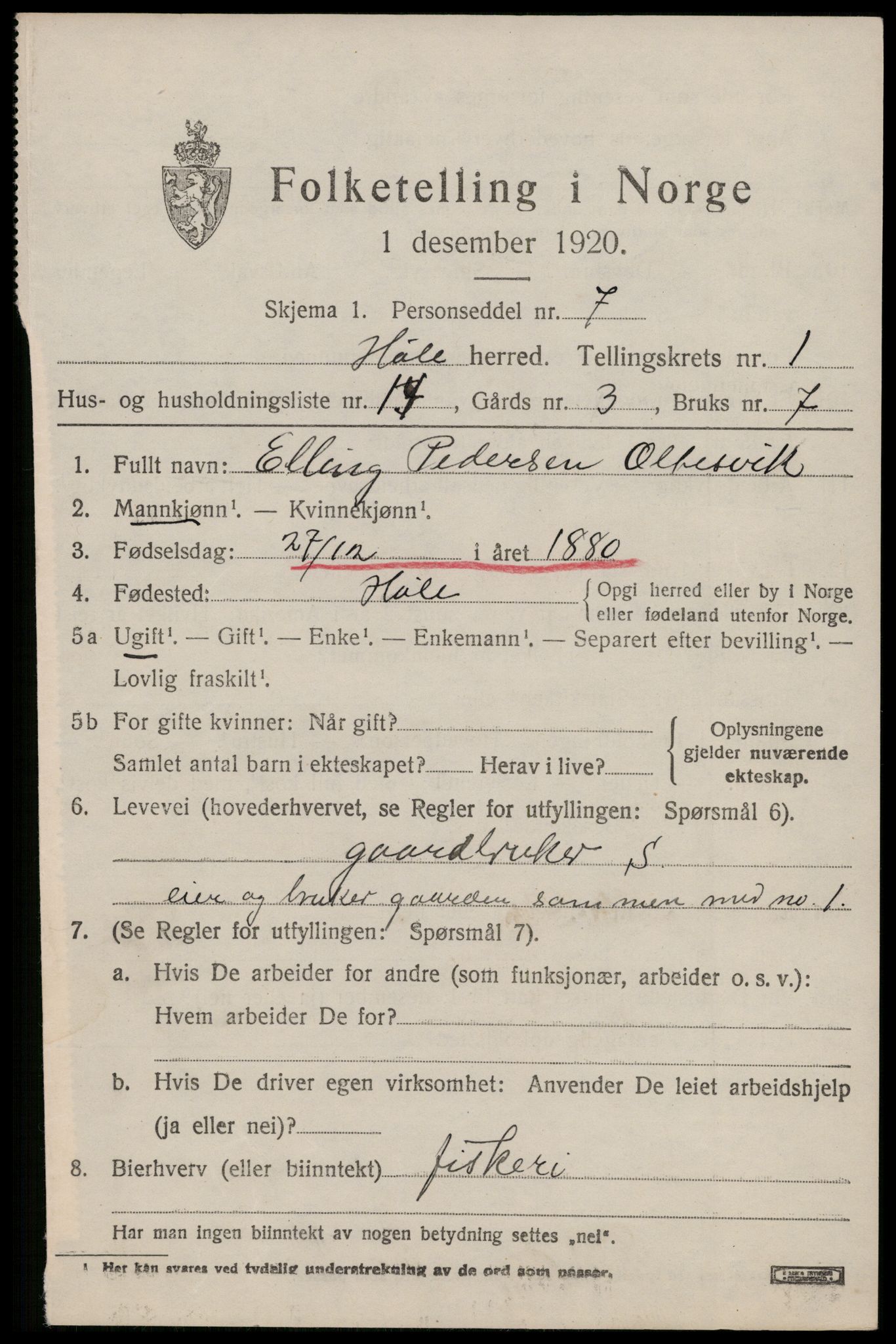 SAST, 1920 census for Høle, 1920, p. 661