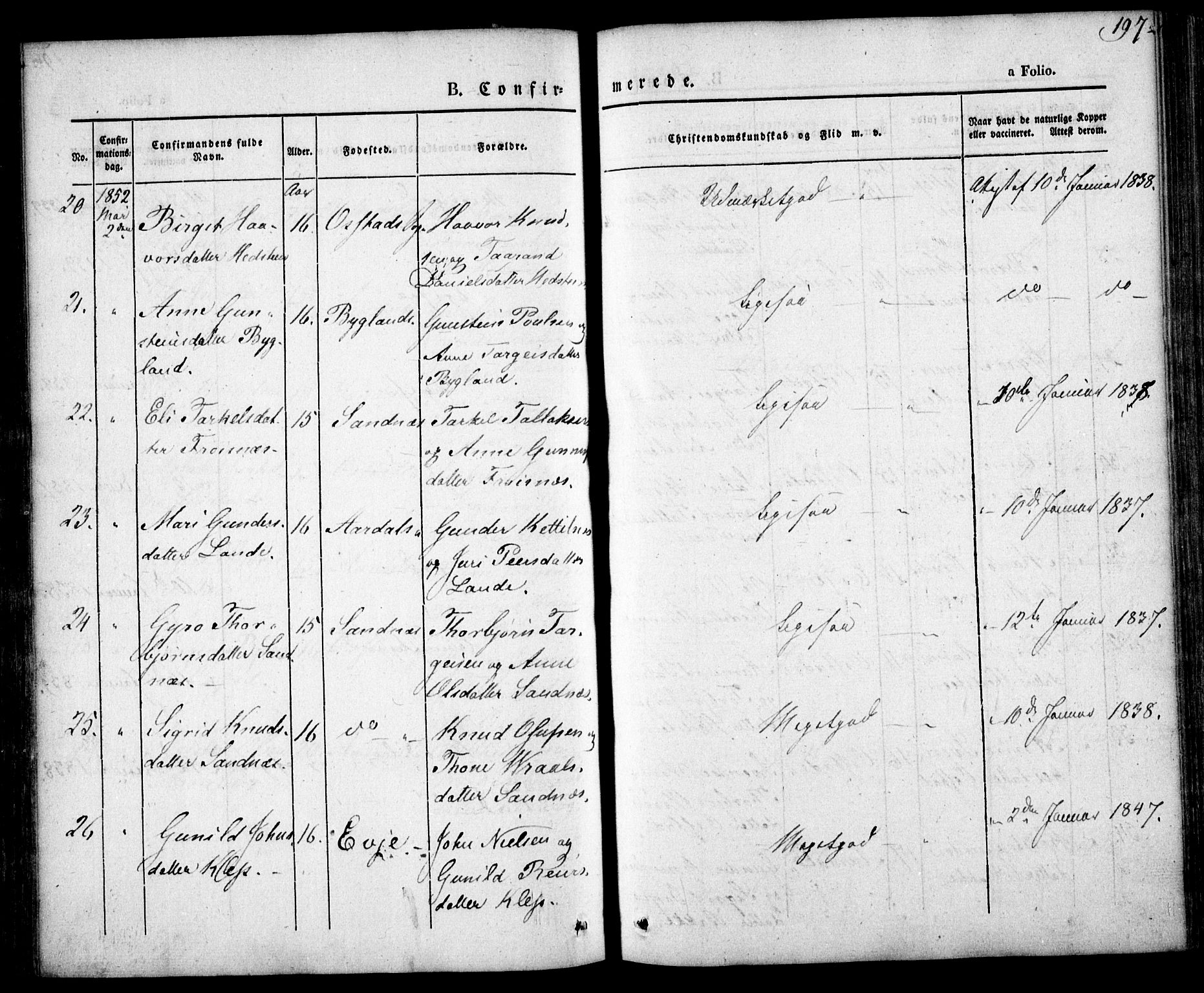 Bygland sokneprestkontor, AV/SAK-1111-0006/F/Fa/Fab/L0004: Parish register (official) no. A 4, 1842-1858, p. 197