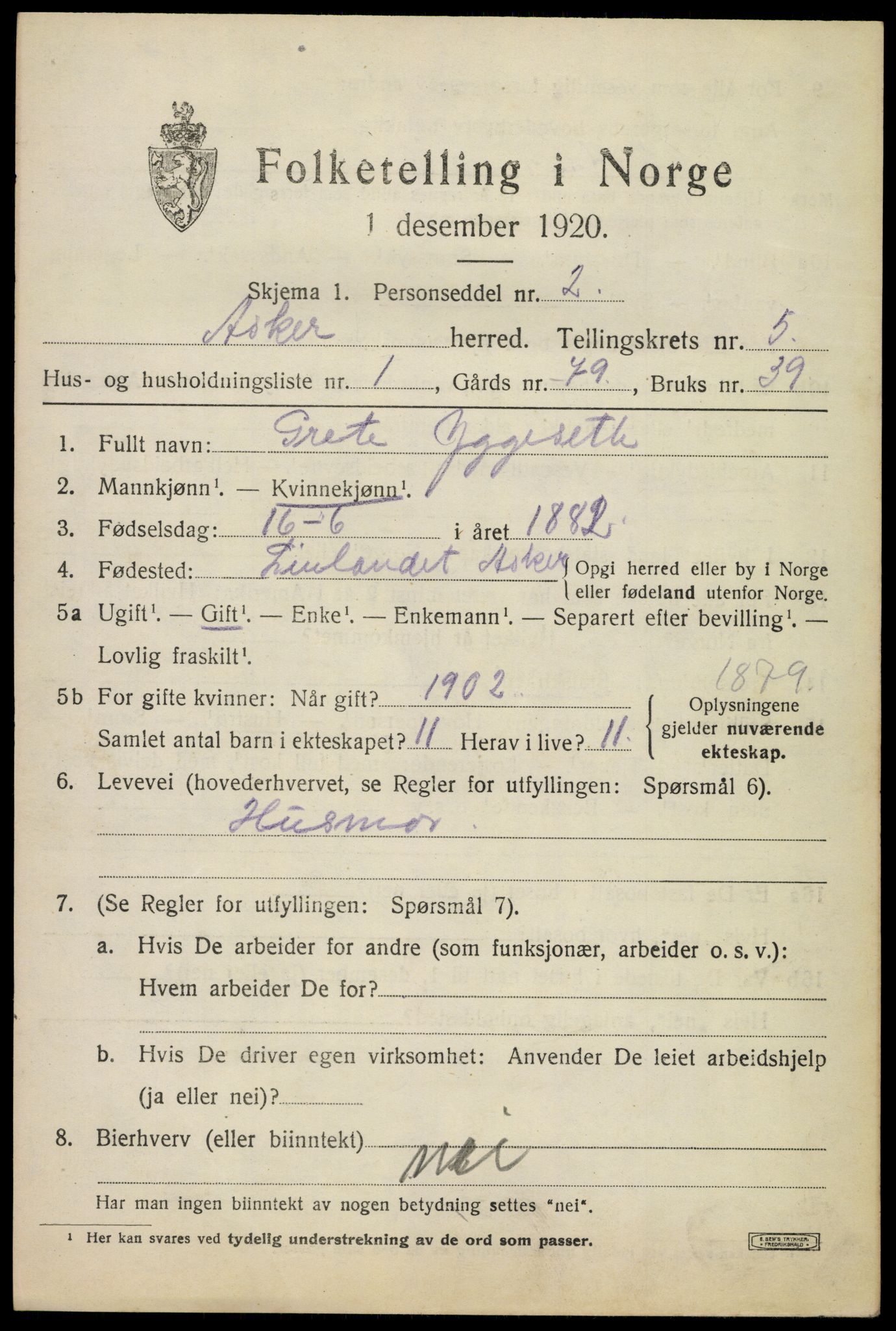 SAO, 1920 census for Asker, 1920, p. 12242