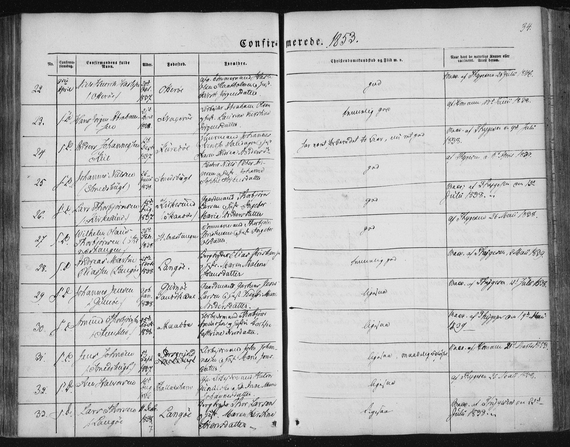 Kragerø kirkebøker, AV/SAKO-A-278/F/Fa/L0006: Parish register (official) no. 6, 1847-1861, p. 34