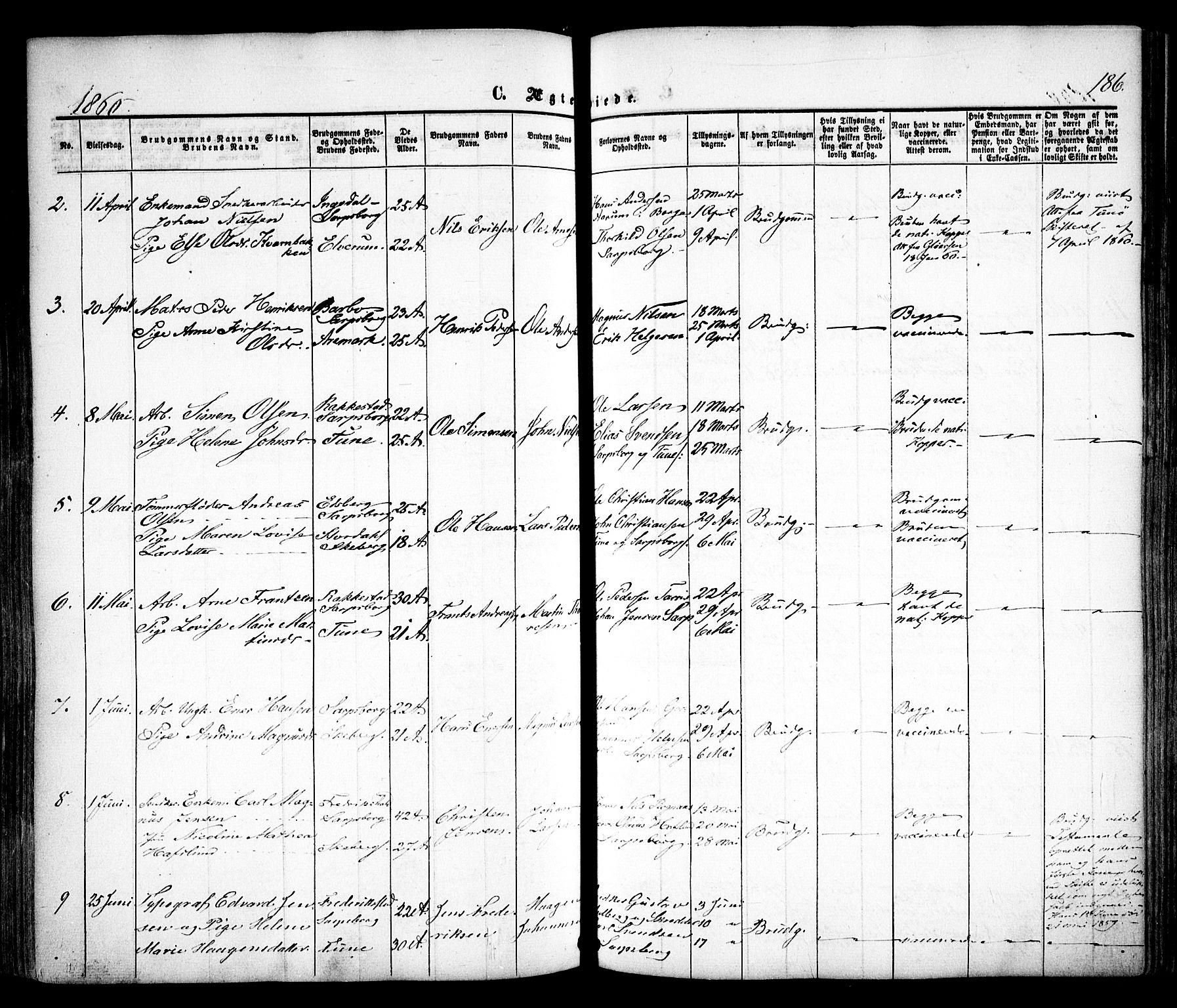 Sarpsborg prestekontor Kirkebøker, AV/SAO-A-2006/F/Fa/L0001: Parish register (official) no. 1, 1859-1868, p. 186