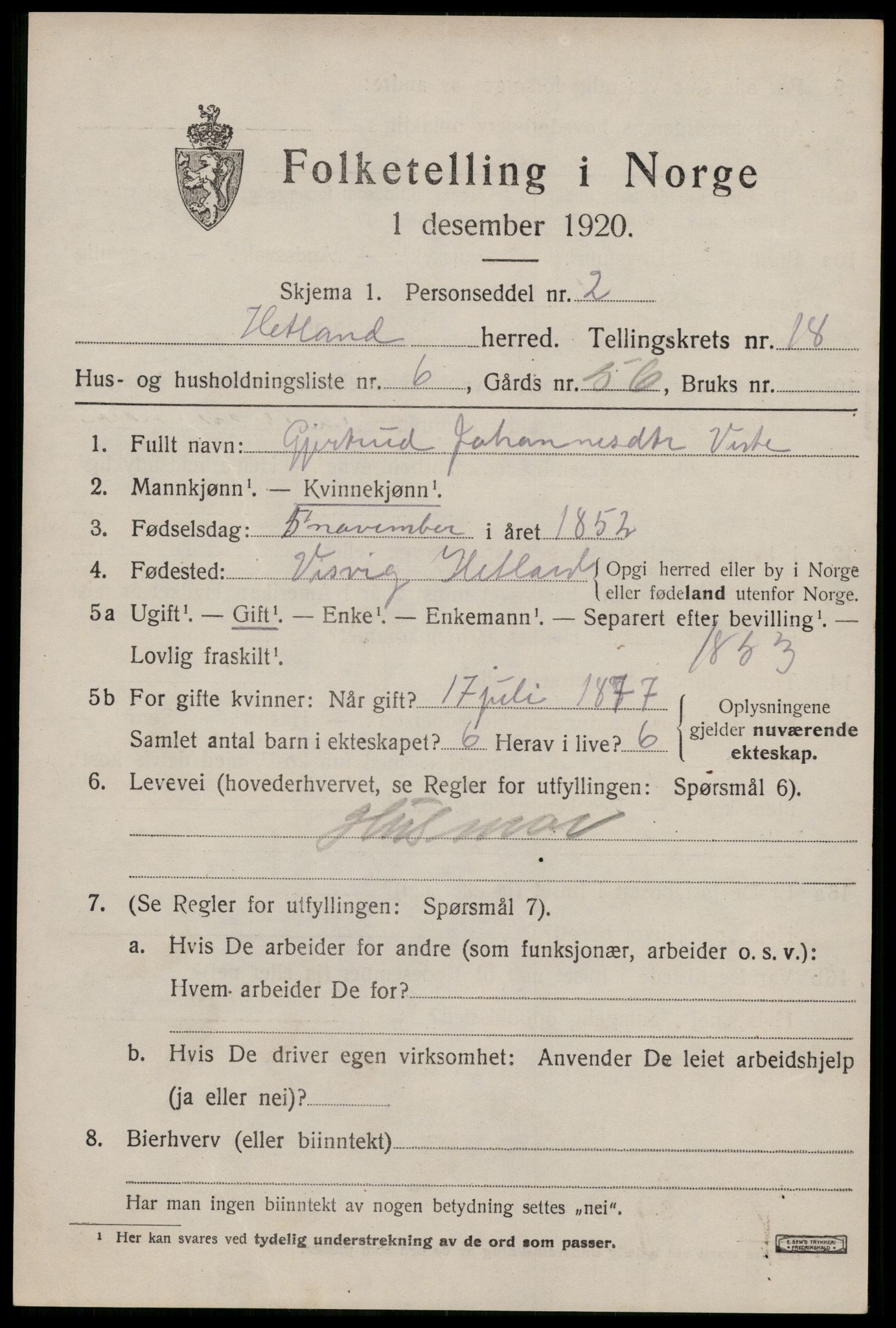 SAST, 1920 census for Hetland, 1920, p. 25139