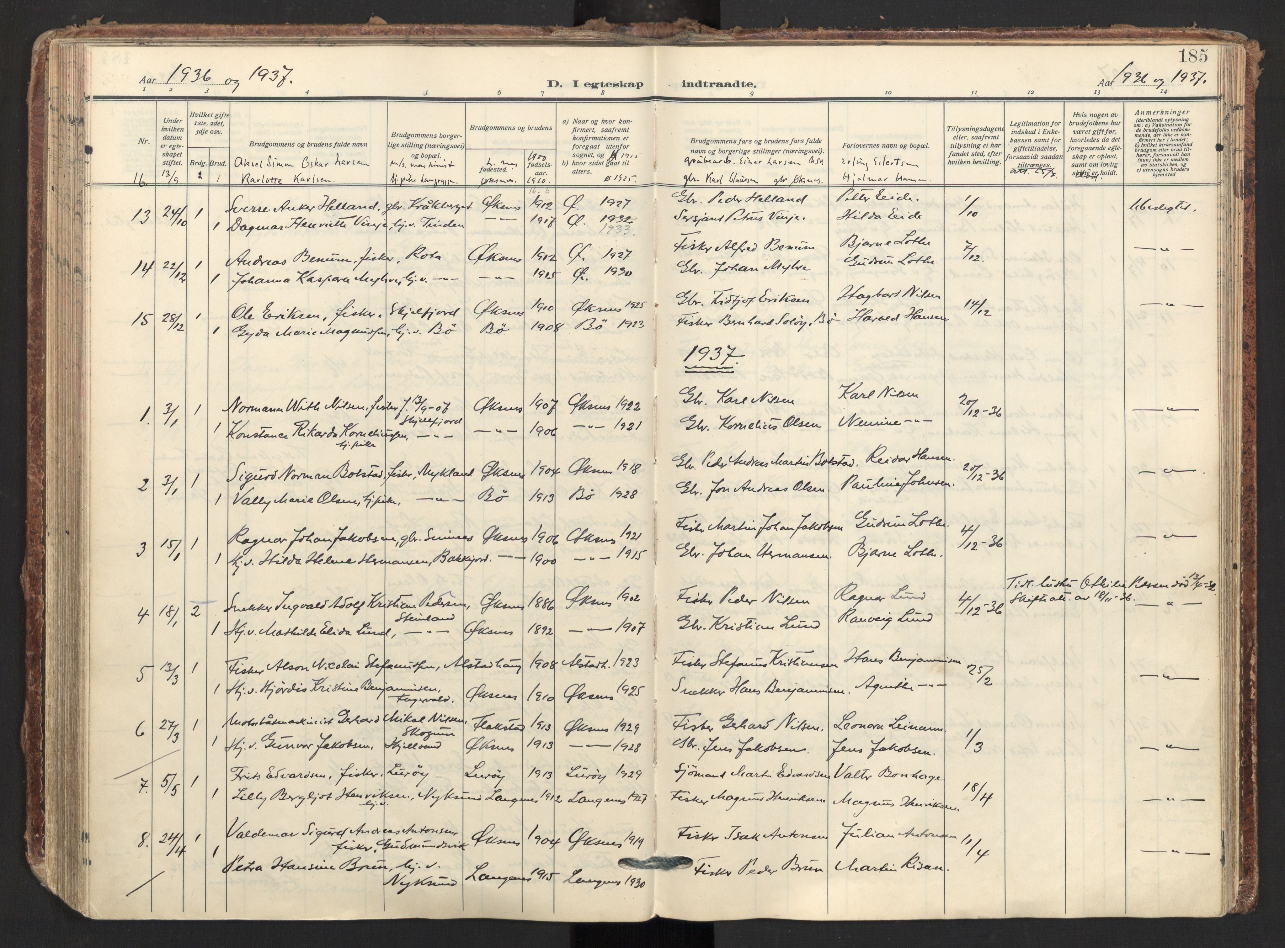 Ministerialprotokoller, klokkerbøker og fødselsregistre - Nordland, AV/SAT-A-1459/893/L1344: Parish register (official) no. 893A16, 1929-1946, p. 185