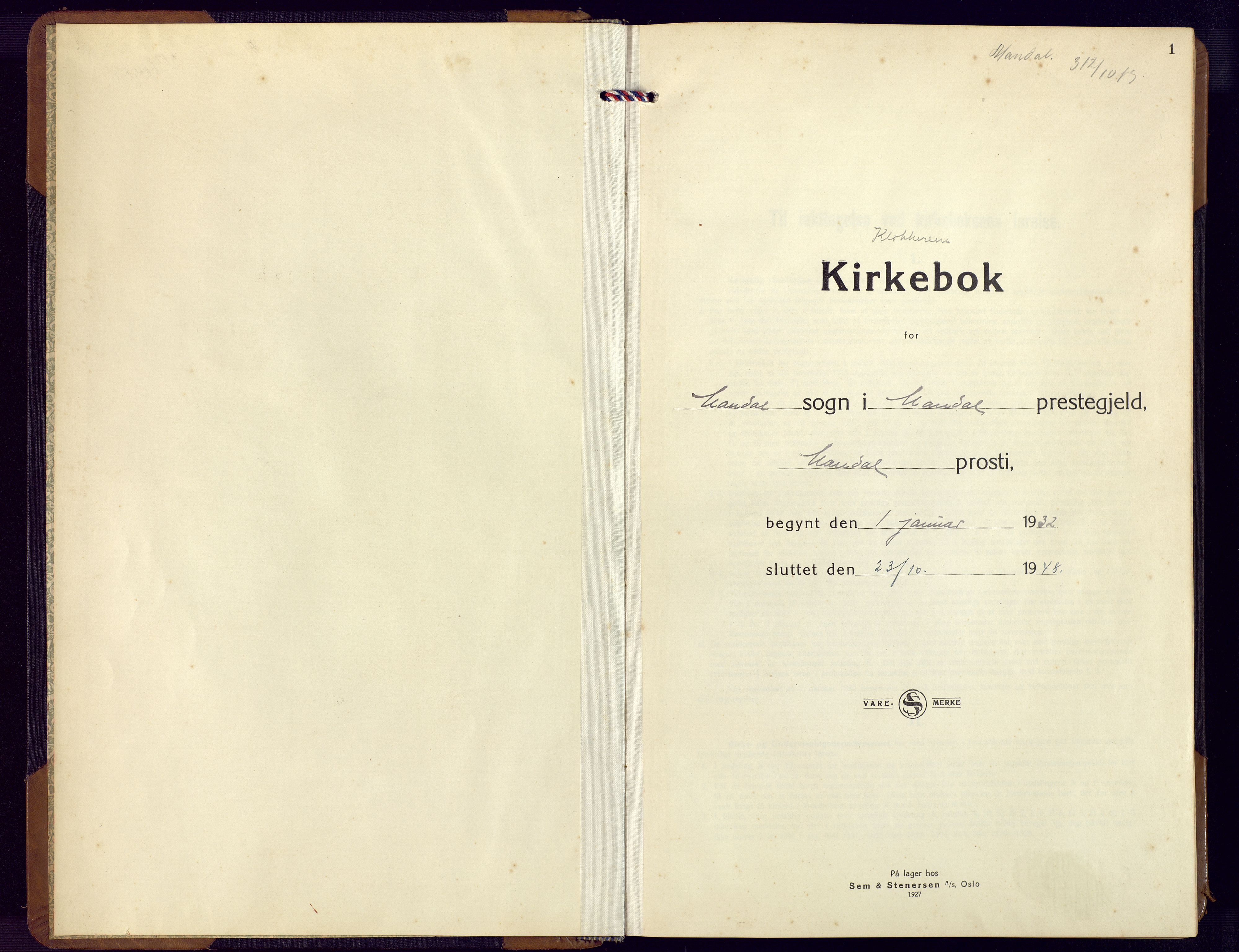 Mandal sokneprestkontor, AV/SAK-1111-0030/F/Fb/Fbc/L0002: Parish register (copy) no. B 2, 1931-1949, p. 1