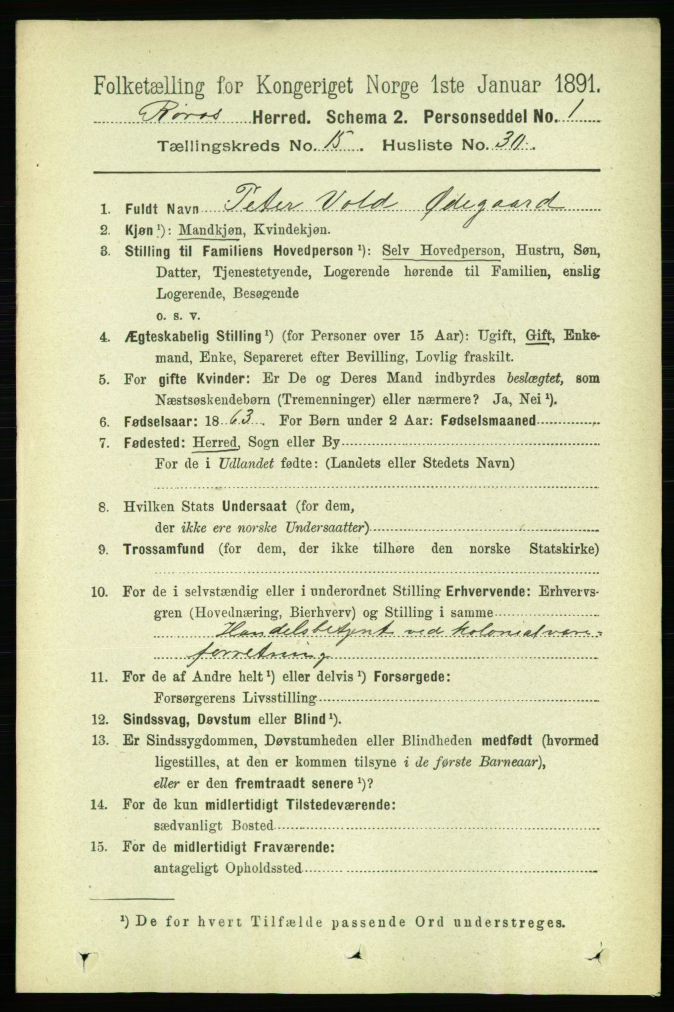 RA, 1891 census for 1640 Røros, 1891, p. 3530