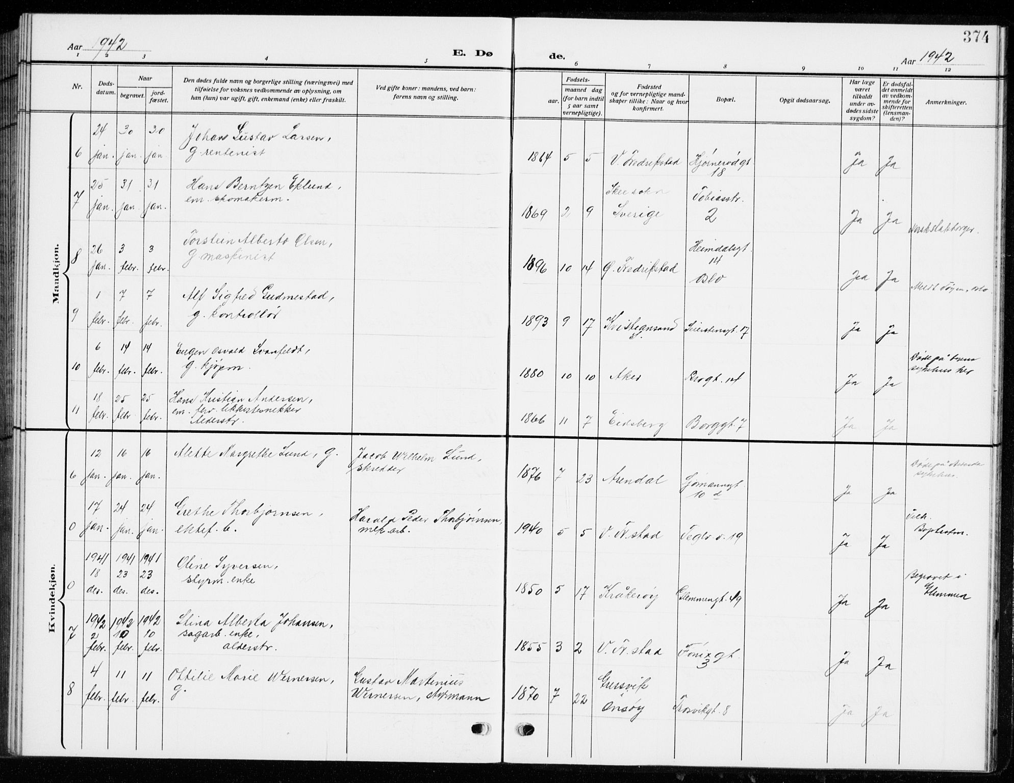 Fredrikstad domkirkes prestekontor Kirkebøker, SAO/A-10906/G/Ga/L0004: Parish register (copy) no. 4, 1910-1944, p. 374