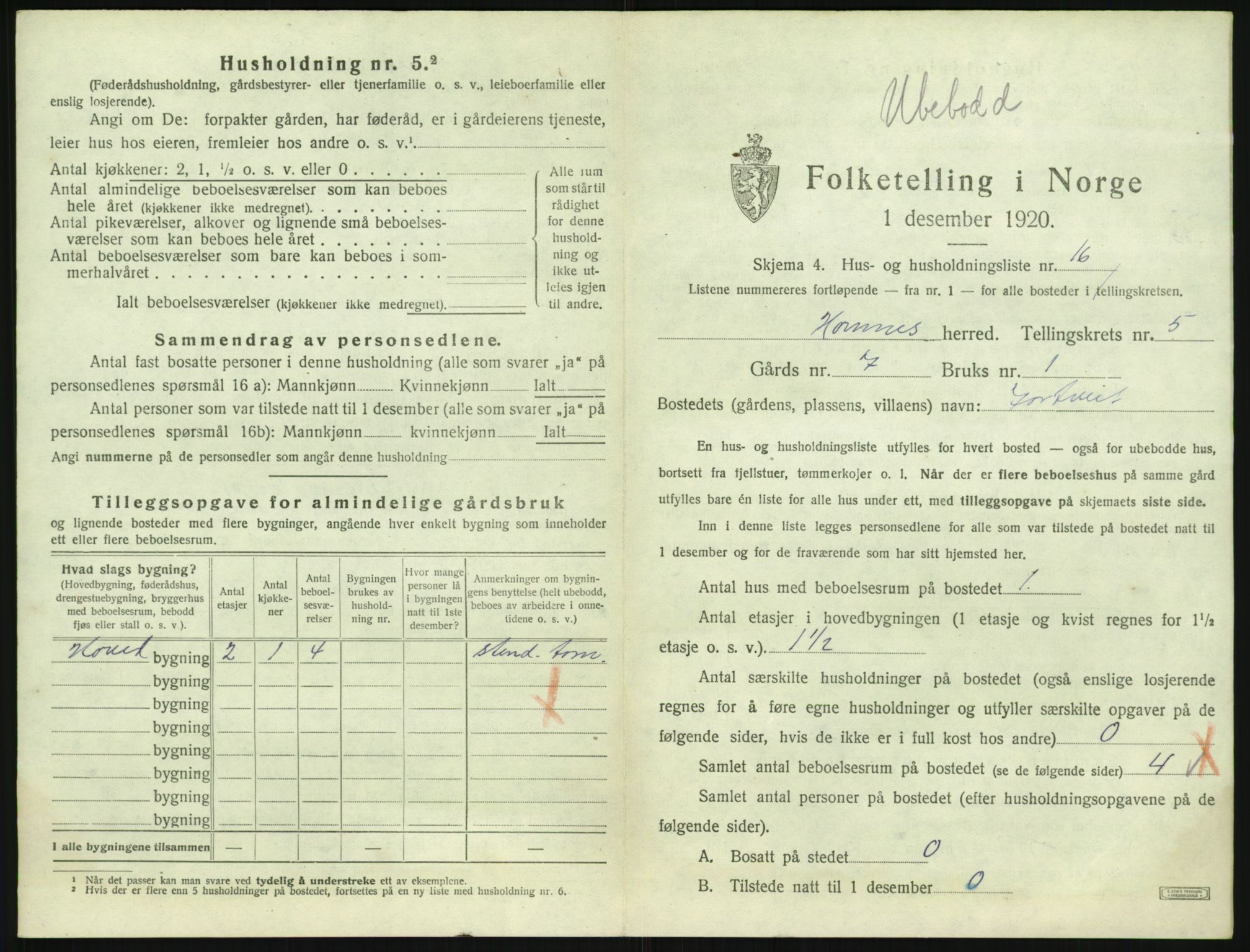 SAK, 1920 census for Hornnes, 1920, p. 233