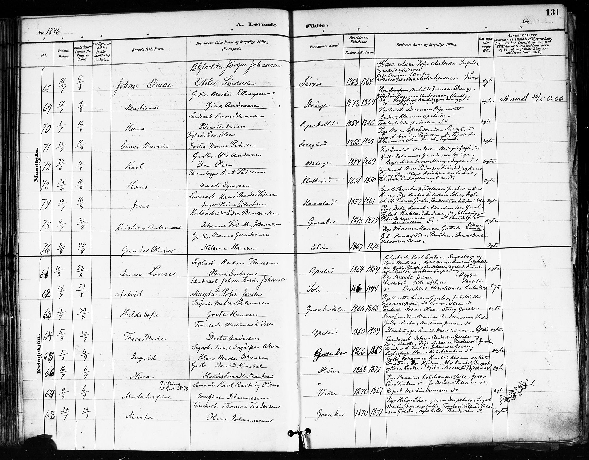Tune prestekontor Kirkebøker, SAO/A-2007/F/Fa/L0018: Parish register (official) no. 18, 1887-1898, p. 131