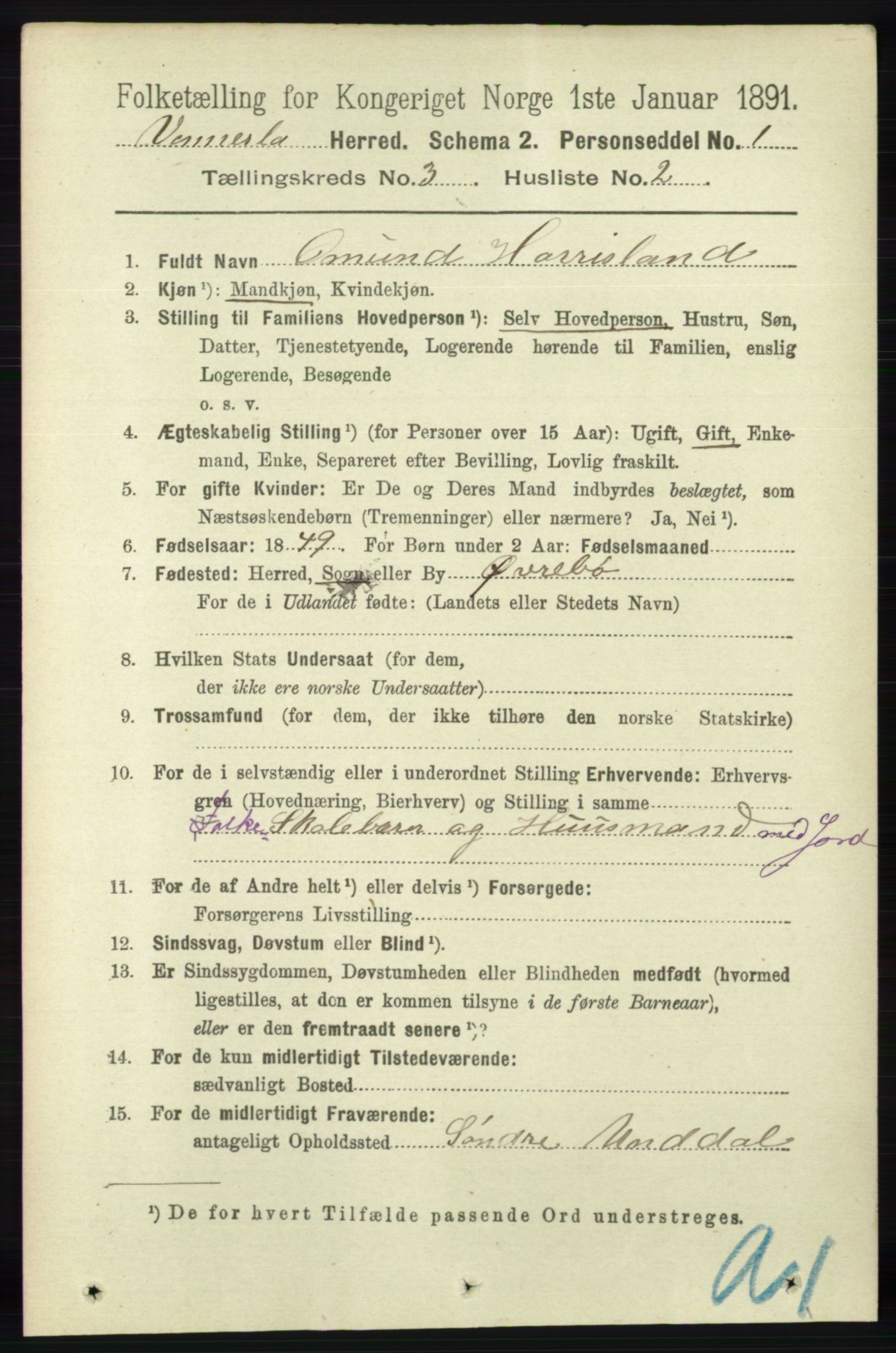 RA, 1891 census for 1014 Vennesla, 1891, p. 644