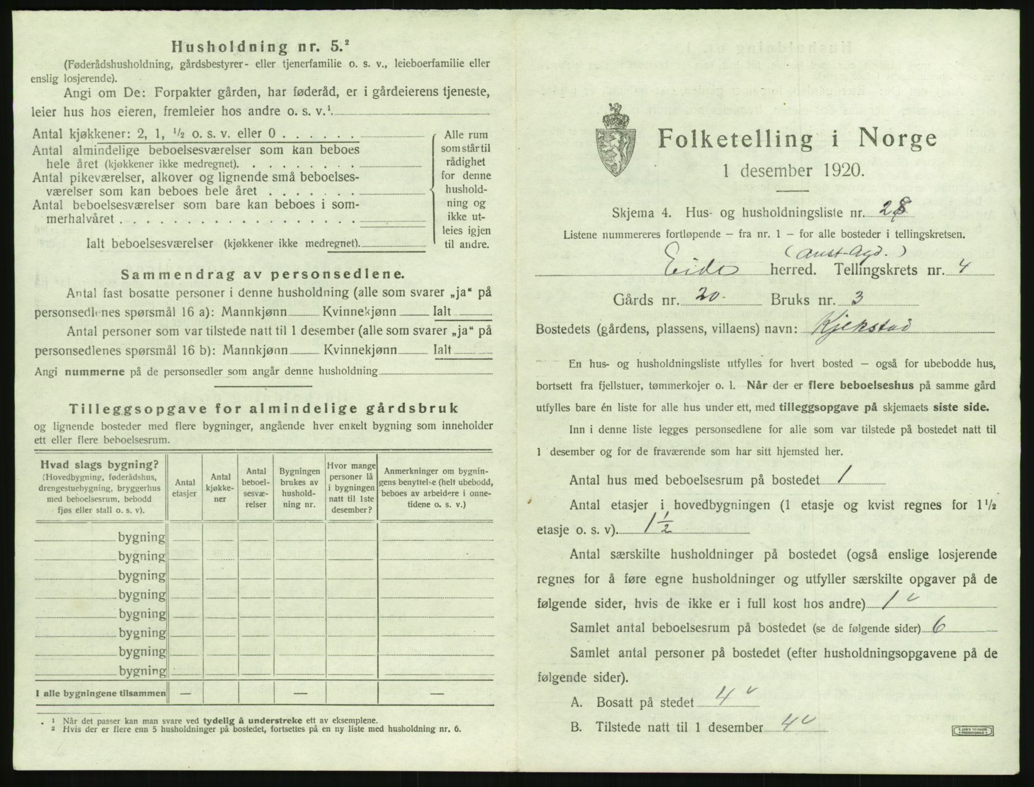 SAK, 1920 census for Eide, 1920, p. 280